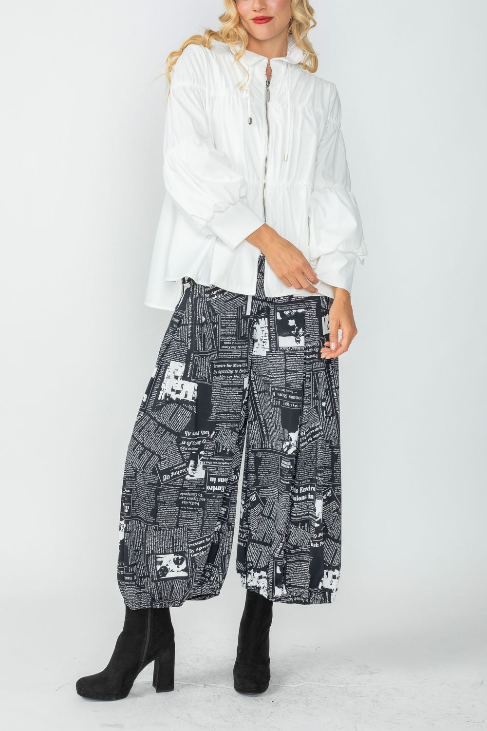 White Shirred Sleeve Zip-Up Blouson Jacket