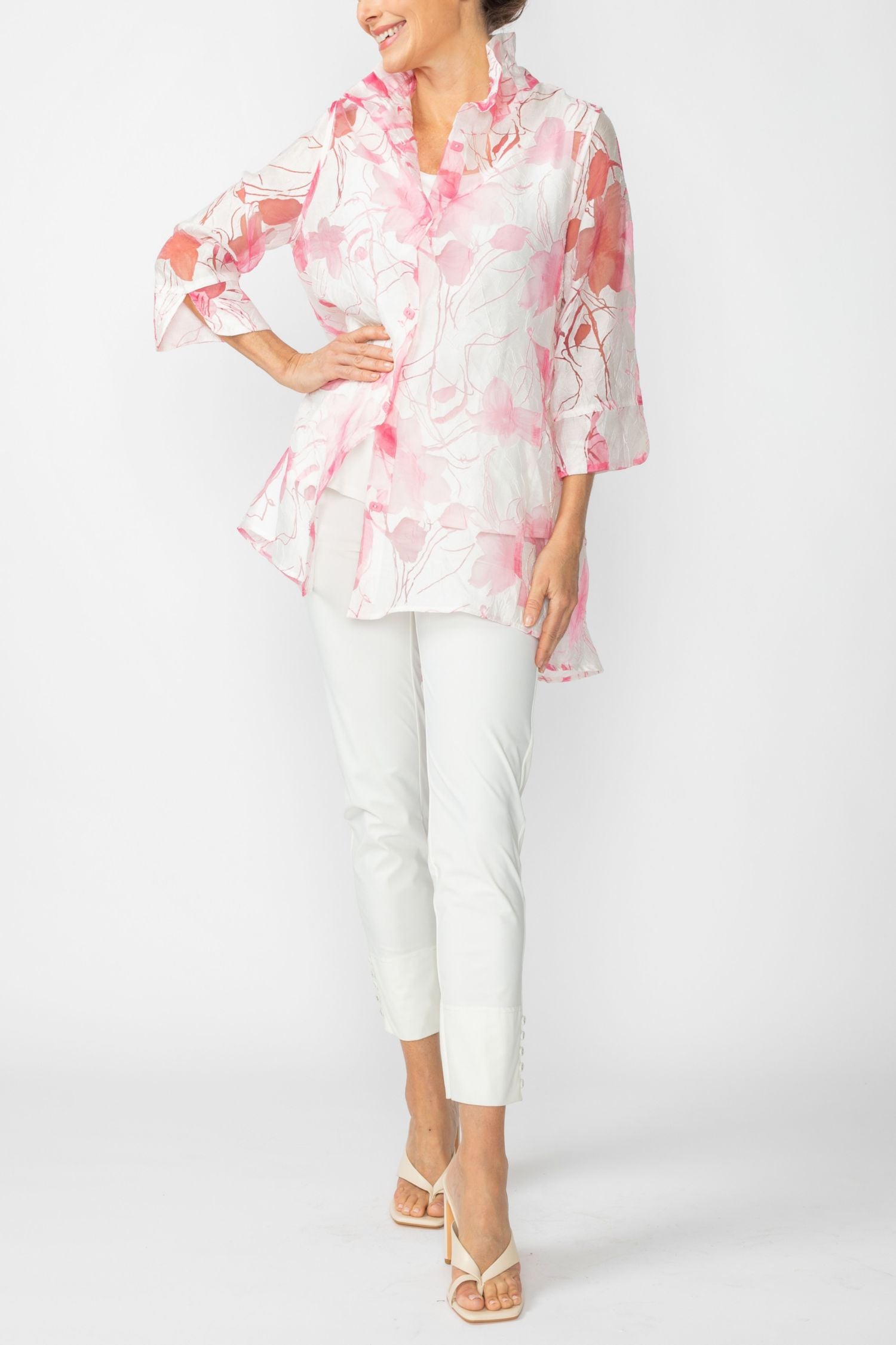 Pink Burnout Floral Print Wire Ruffle Collar Button Front Top