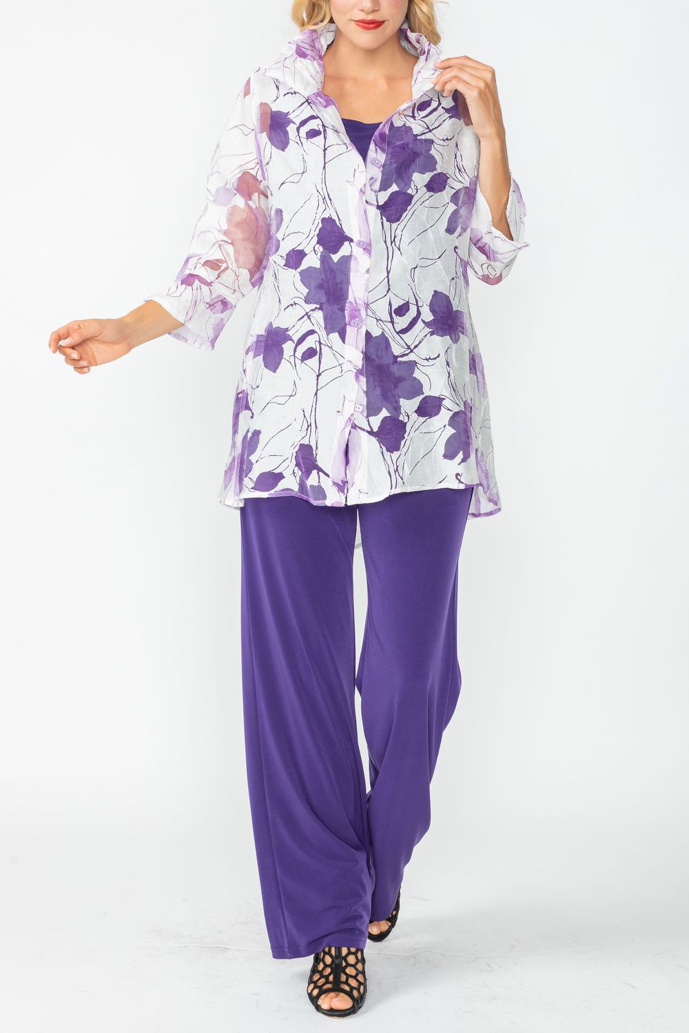 Purple Burnout Floral Print Wire Ruffle Collar Button Front Top