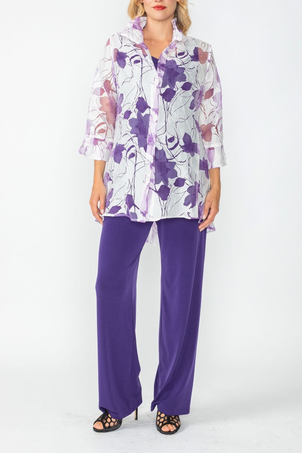 Purple Burnout Floral Print Wire Ruffle Collar Button Front Top