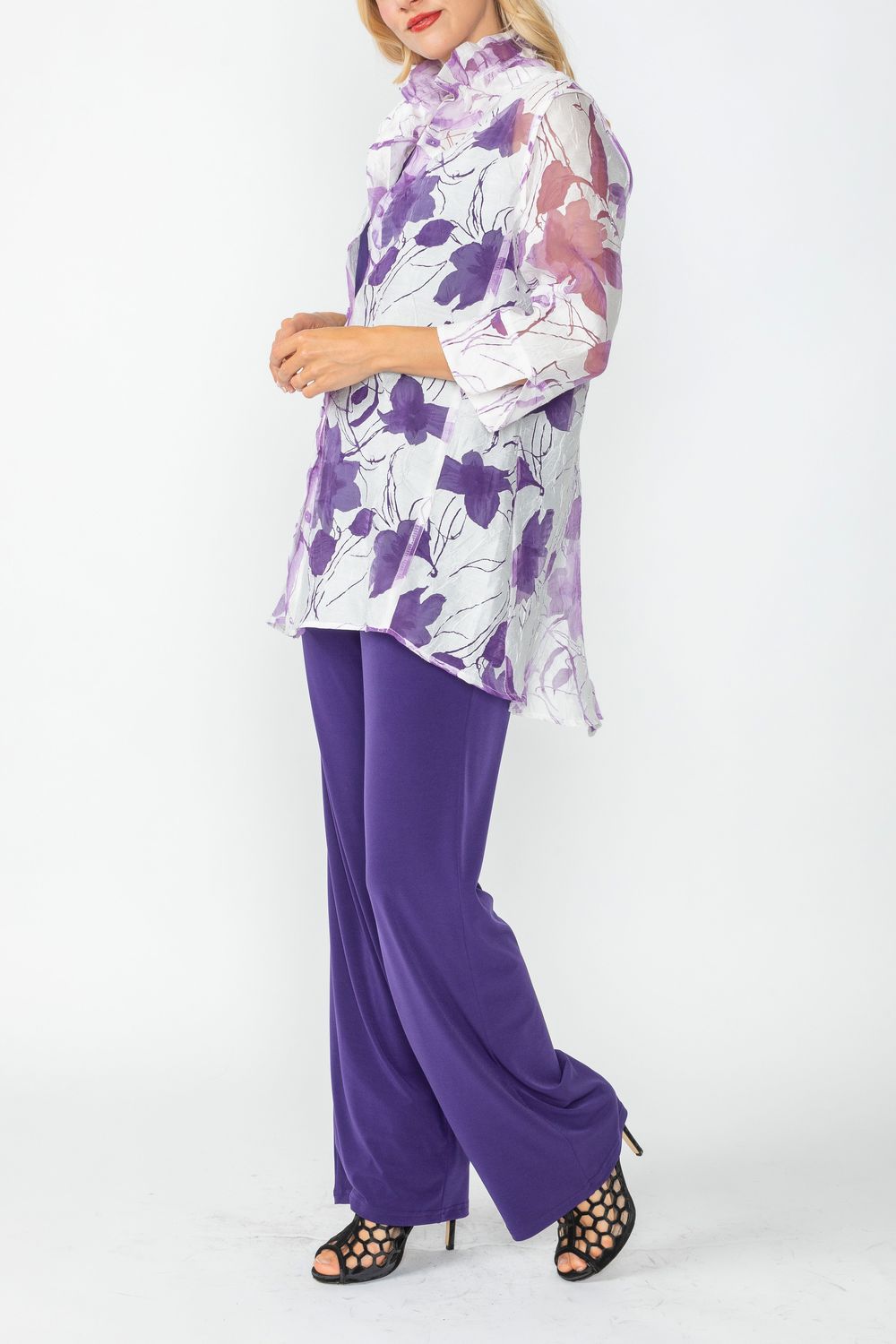 Purple Burnout Floral Print Wire Ruffle Collar Button Front Top