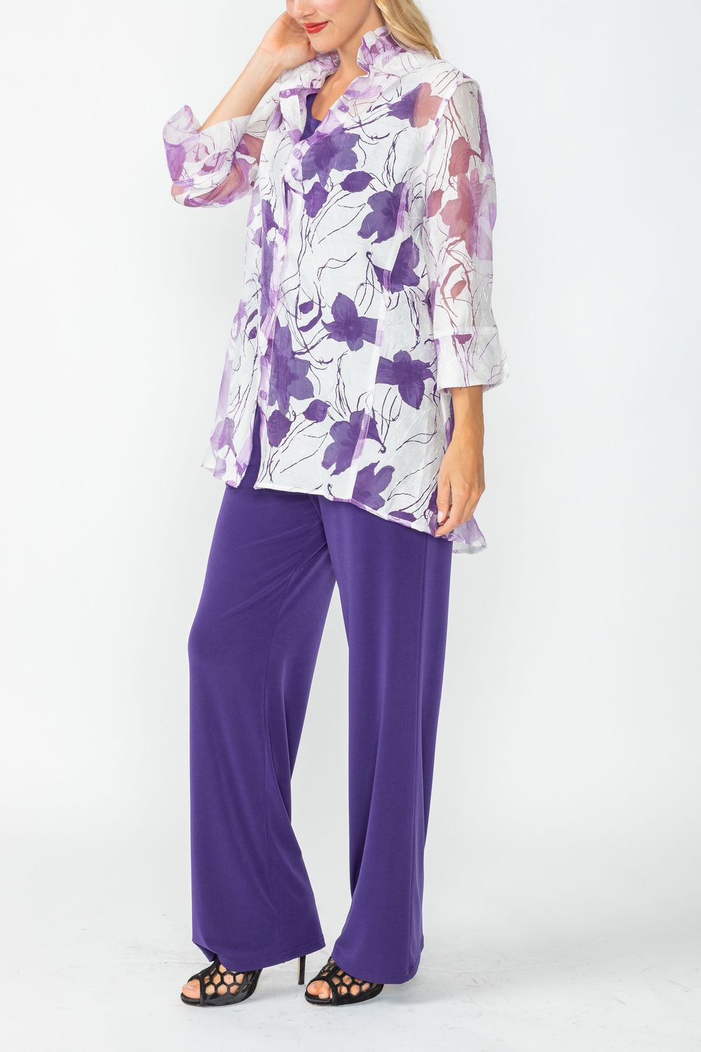 Purple Burnout Floral Print Wire Ruffle Collar Button Front Top