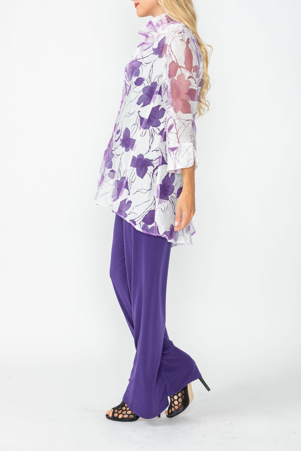 Purple Burnout Floral Print Wire Ruffle Collar Button Front Top