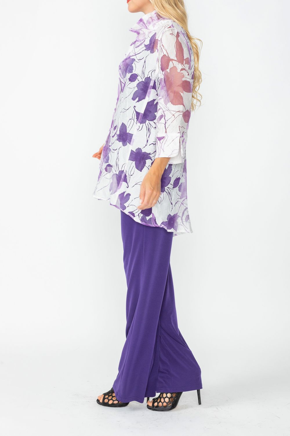 Purple Burnout Floral Print Wire Ruffle Collar Button Front Top