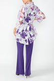 Purple Burnout Floral Print Wire Ruffle Collar Button Front Top