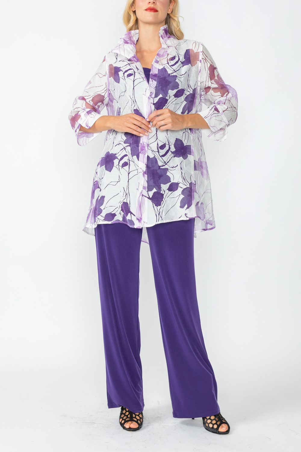 Purple Burnout Floral Print Wire Ruffle Collar Button Front Top