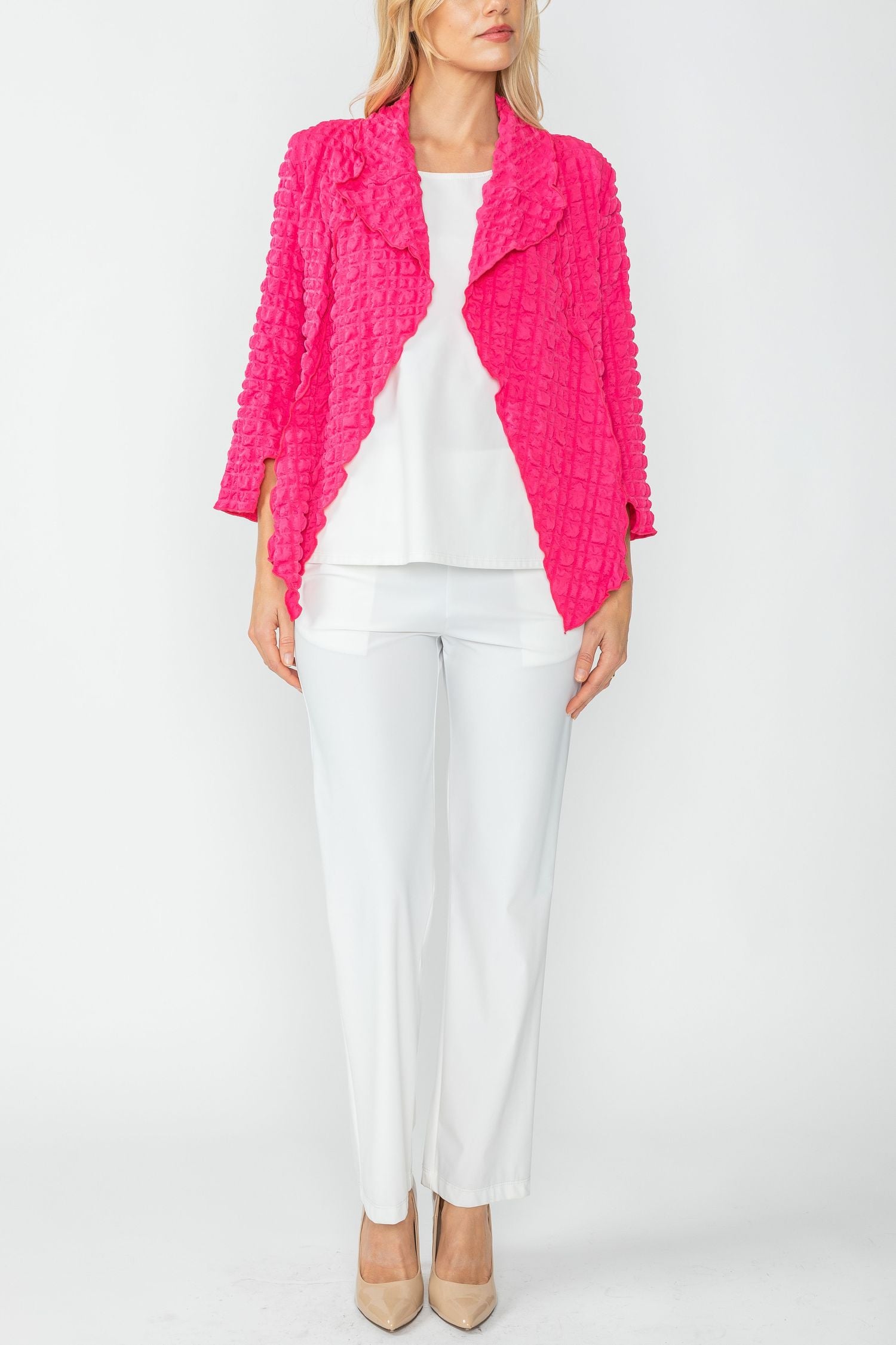 Fuchsia Bubble Check Merrow Detail Open Jacket