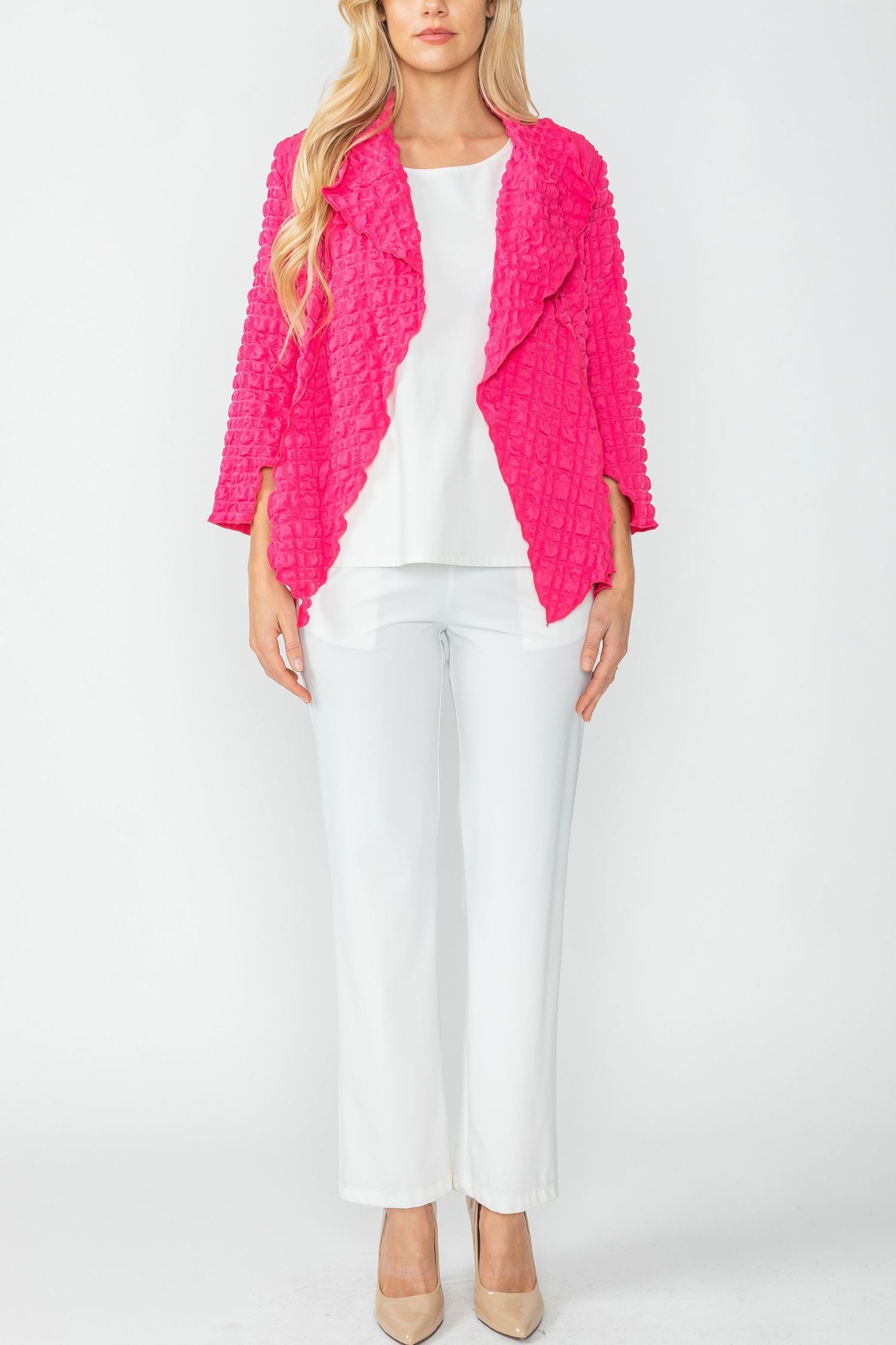 Fuchsia Bubble Check Merrow Detail Open Jacket