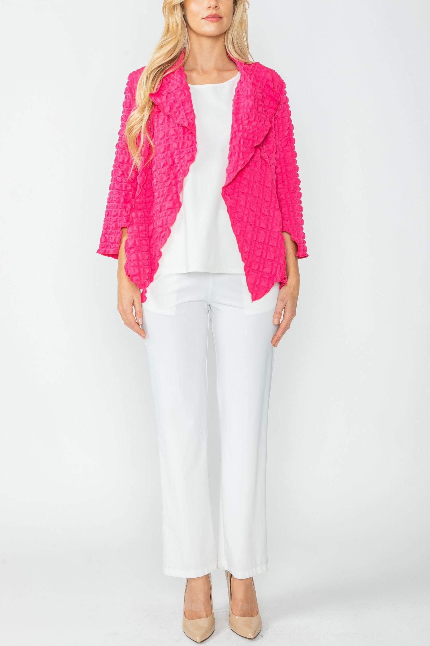 Fuchsia Bubble Check Merrow Detail Open Jacket