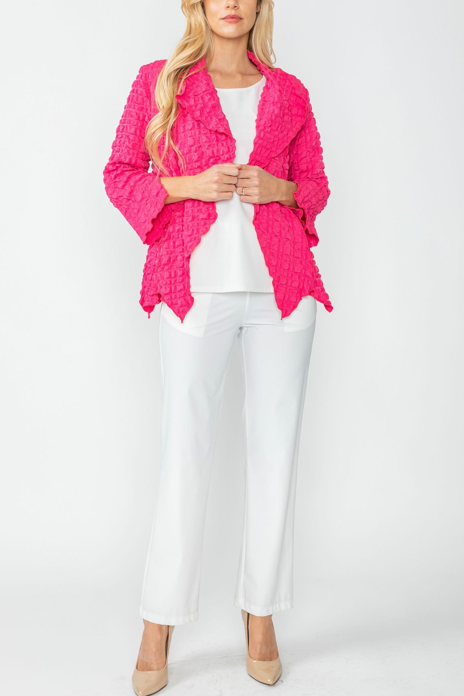 Fuchsia Bubble Check Merrow Detail Open Jacket
