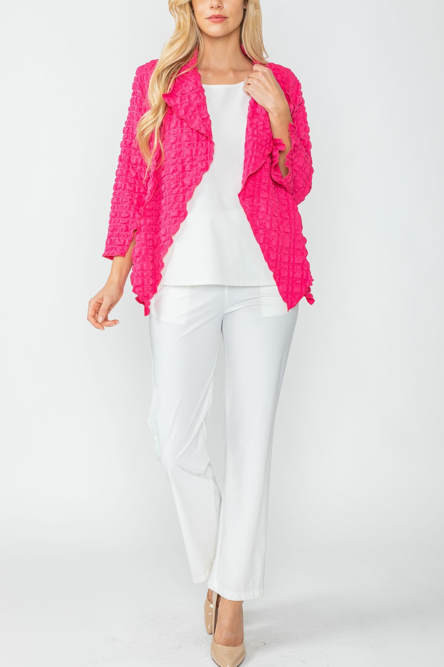 Fuchsia Bubble Check Merrow Detail Open Jacket