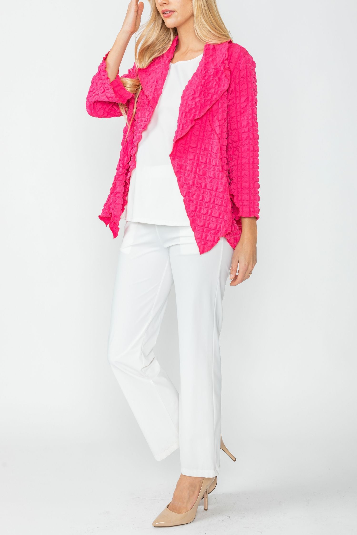 Fuchsia Bubble Check Merrow Detail Open Jacket