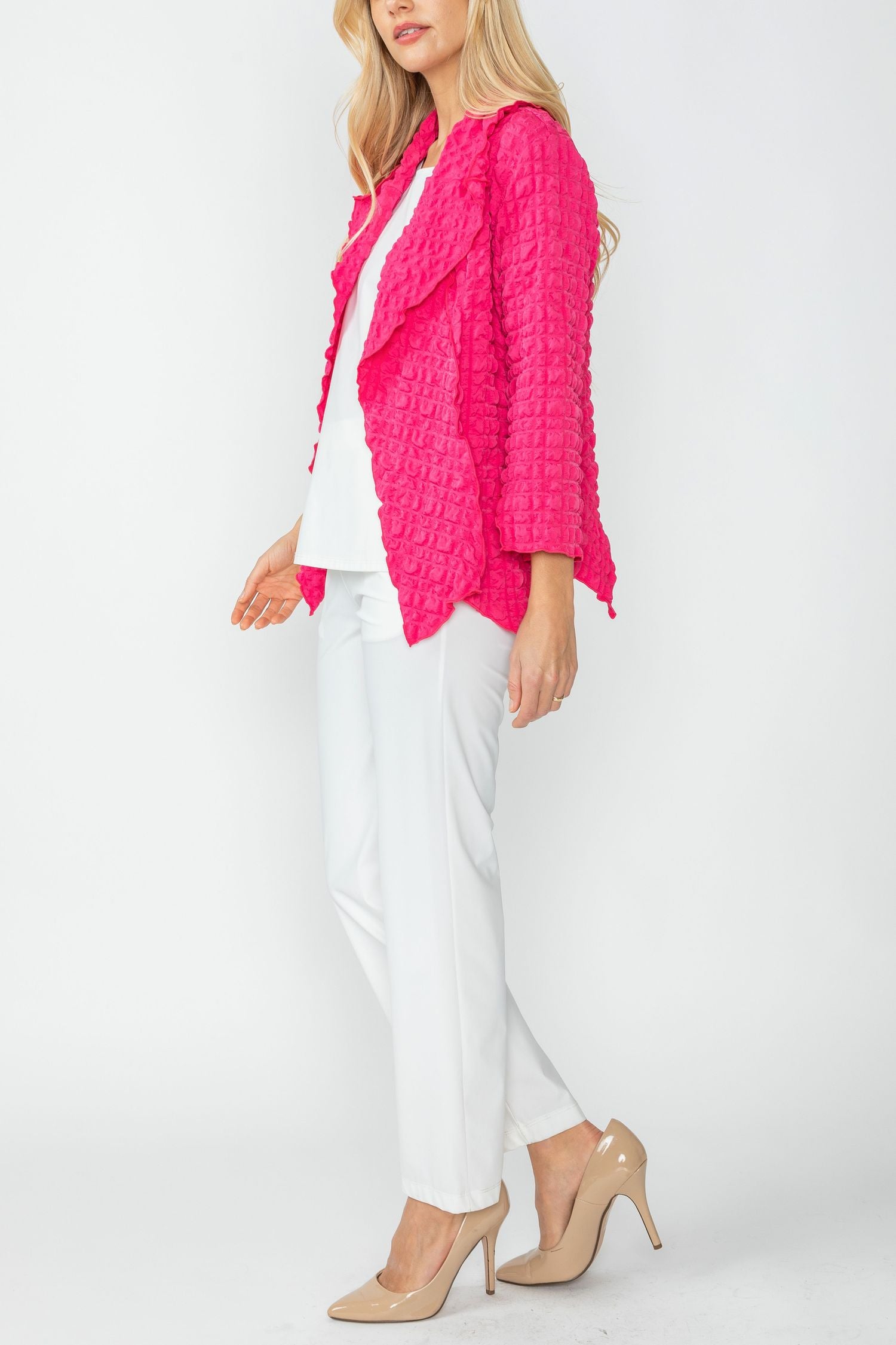 Fuchsia Bubble Check Merrow Detail Open Jacket