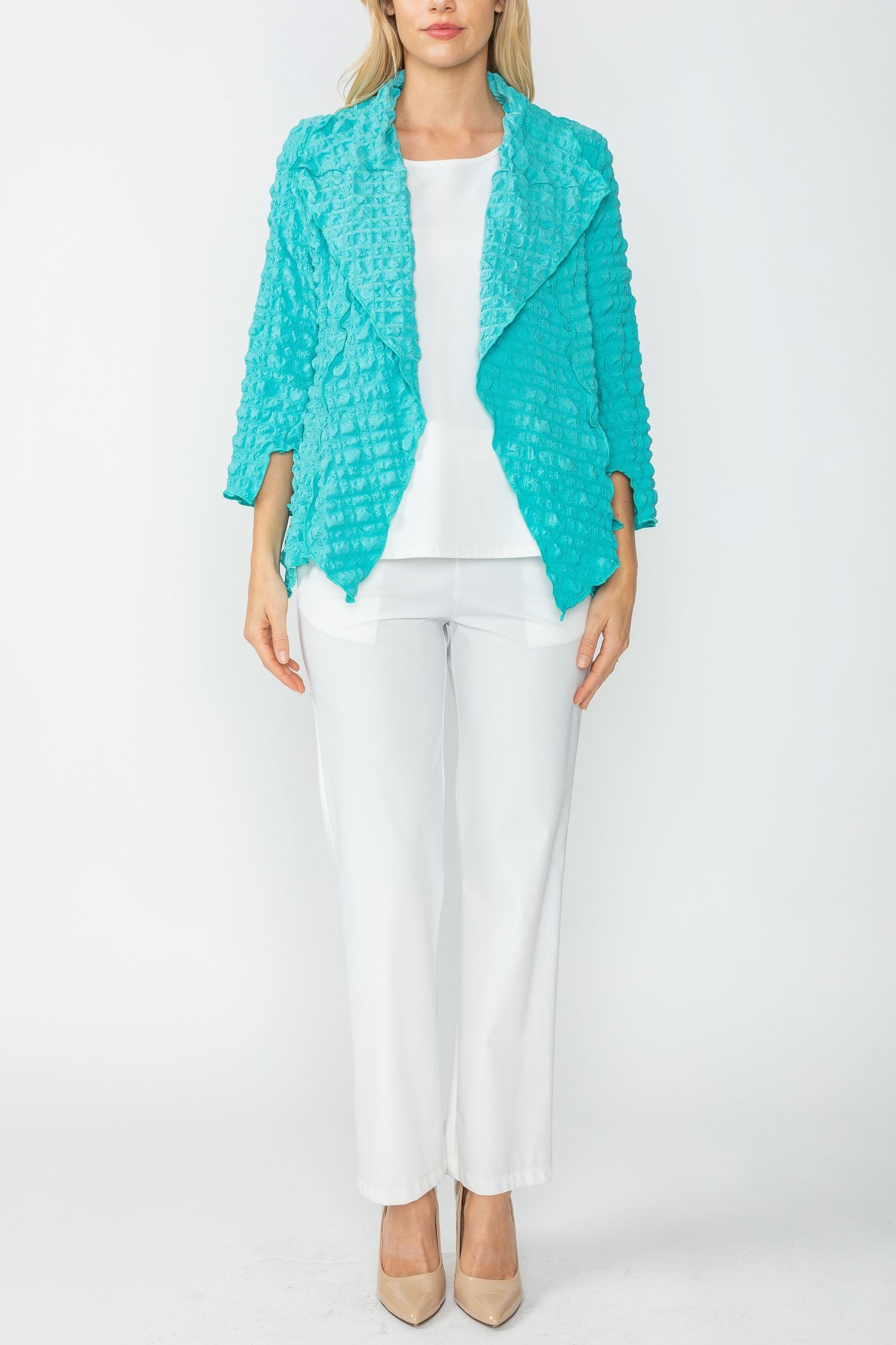 Turquoise Bubble Check Merrow Detail Open Jacket