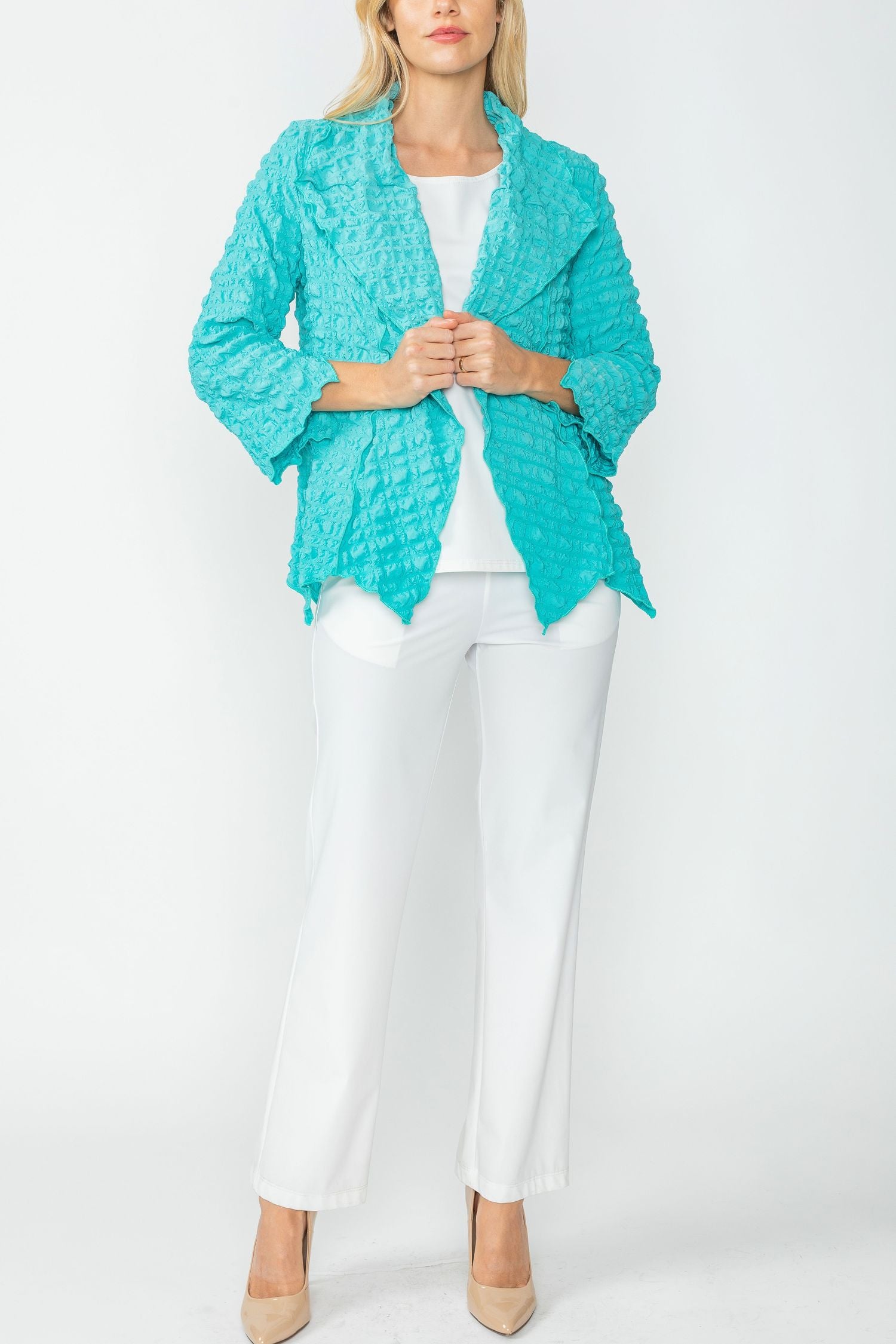Turquoise Bubble Check Merrow Detail Open Jacket