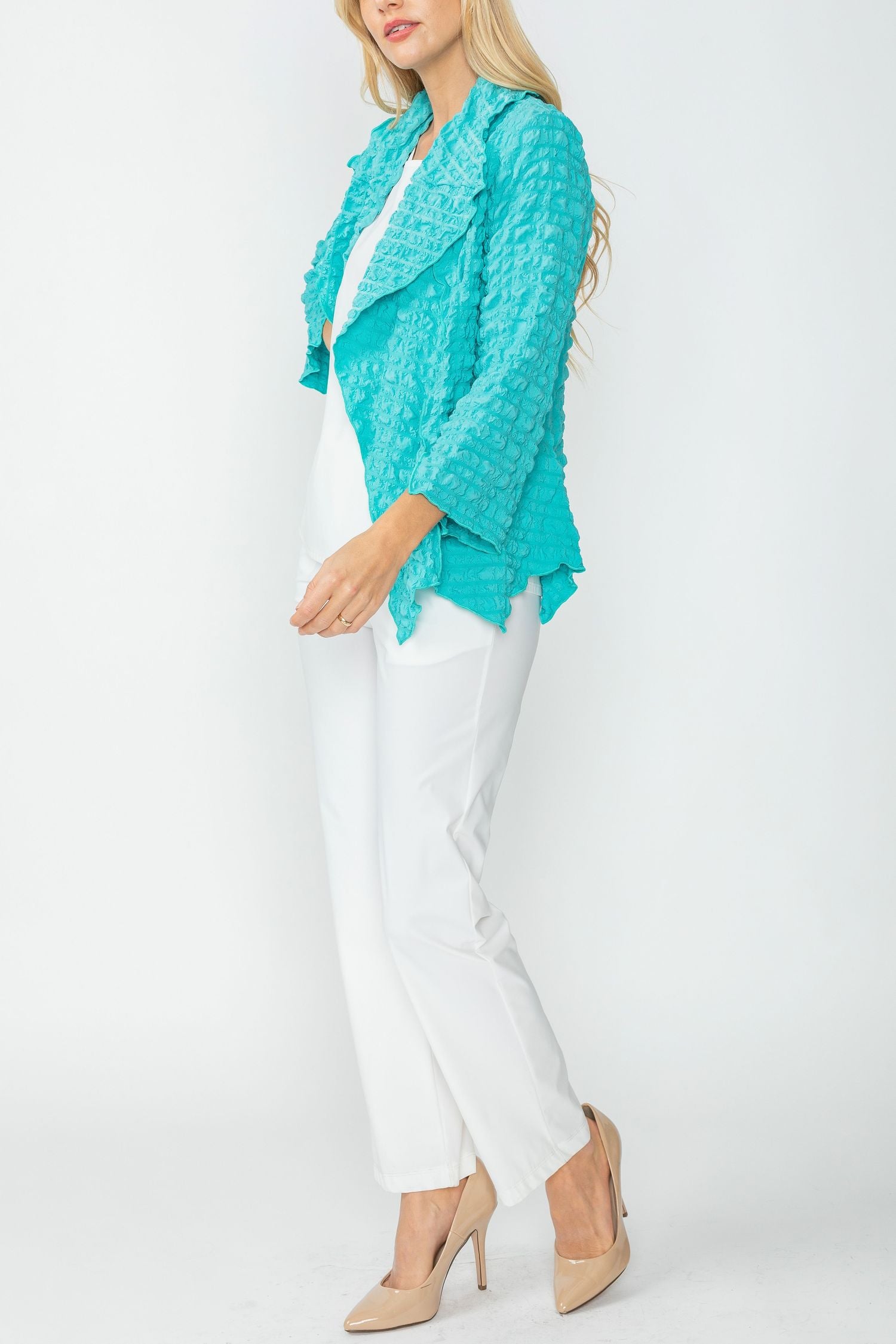 Turquoise Bubble Check Merrow Detail Open Jacket