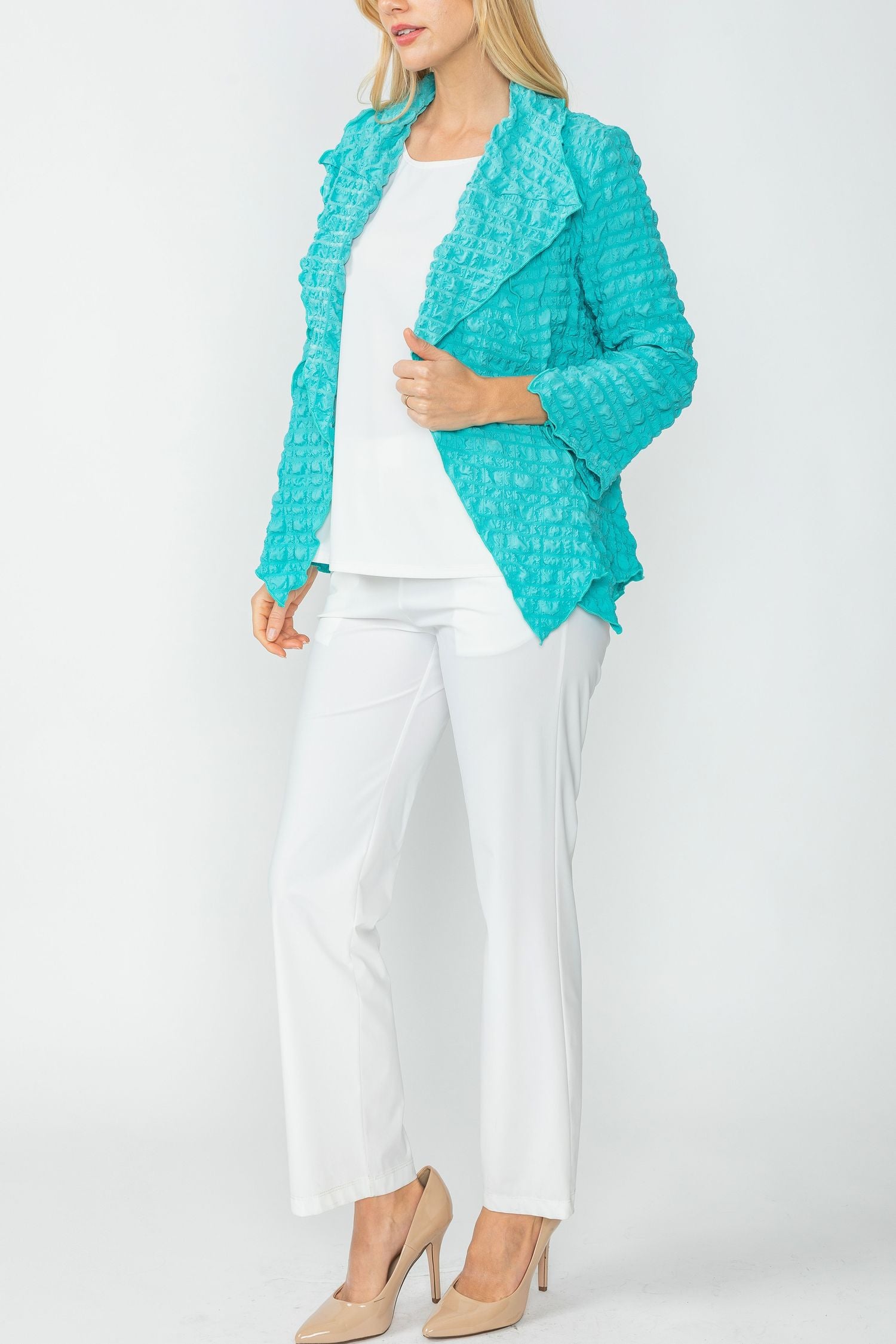 Turquoise Bubble Check Merrow Detail Open Jacket