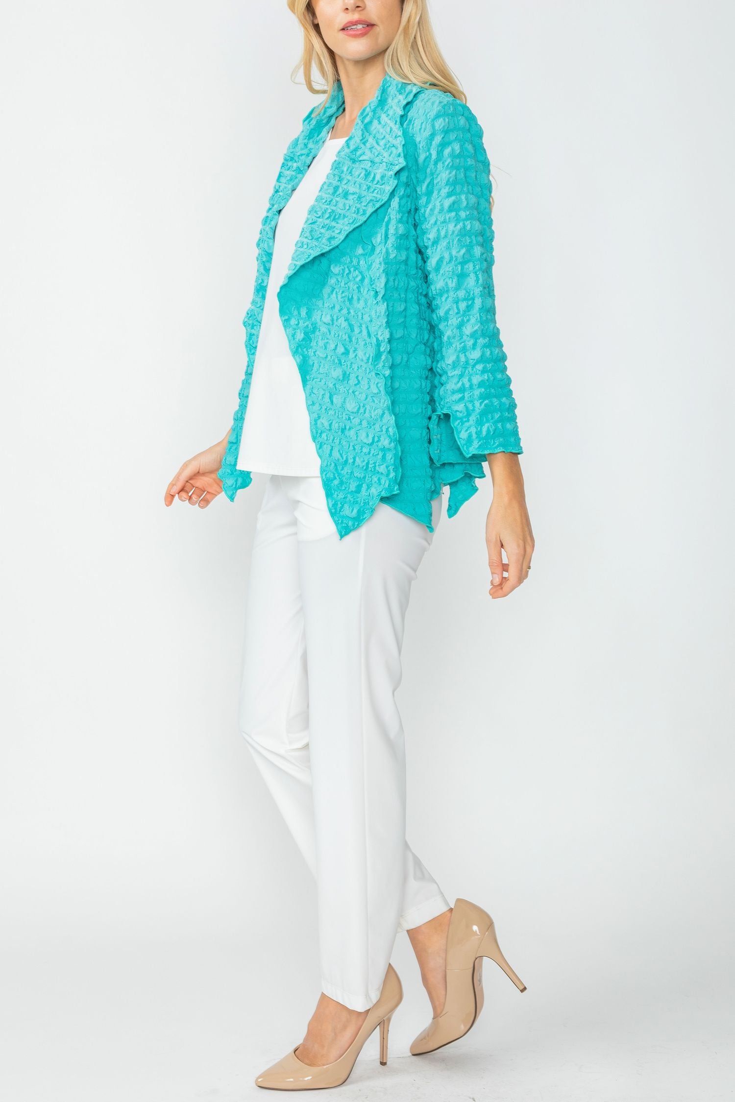 Turquoise Bubble Check Merrow Detail Open Jacket