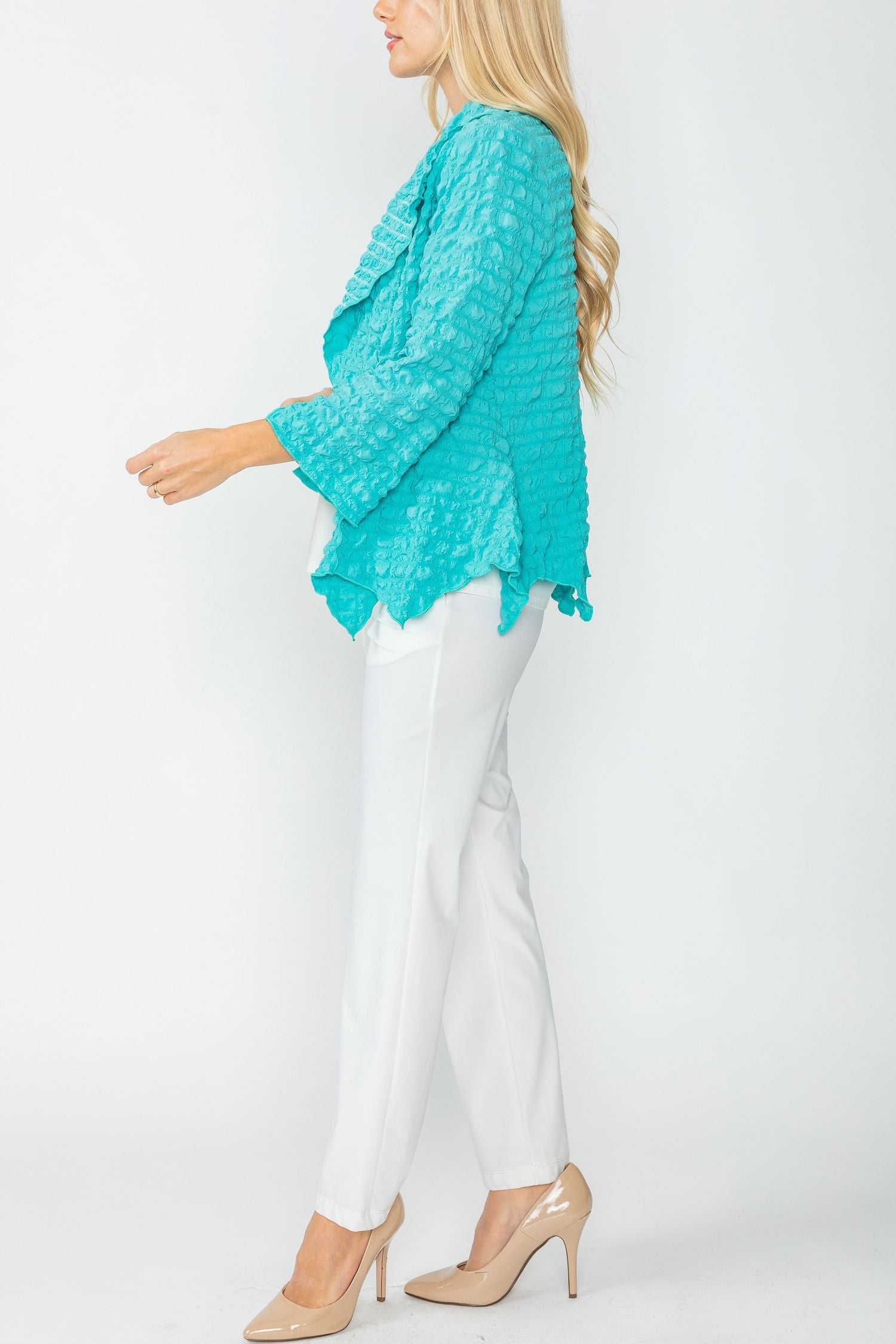 Turquoise Bubble Check Merrow Detail Open Jacket