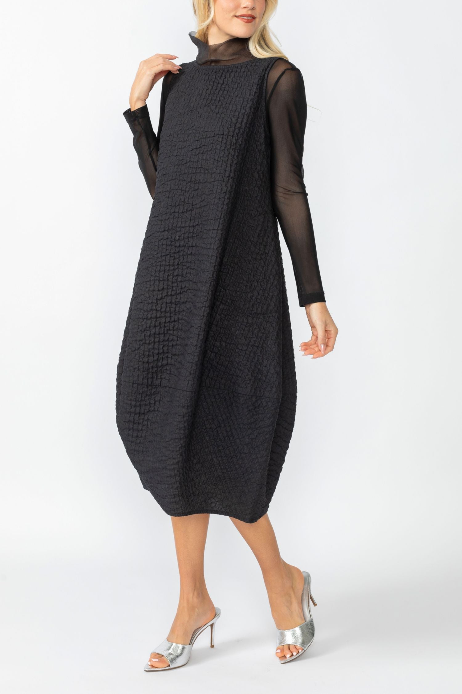 Black Organza Stand Collar Sleeveless Balloon Dress