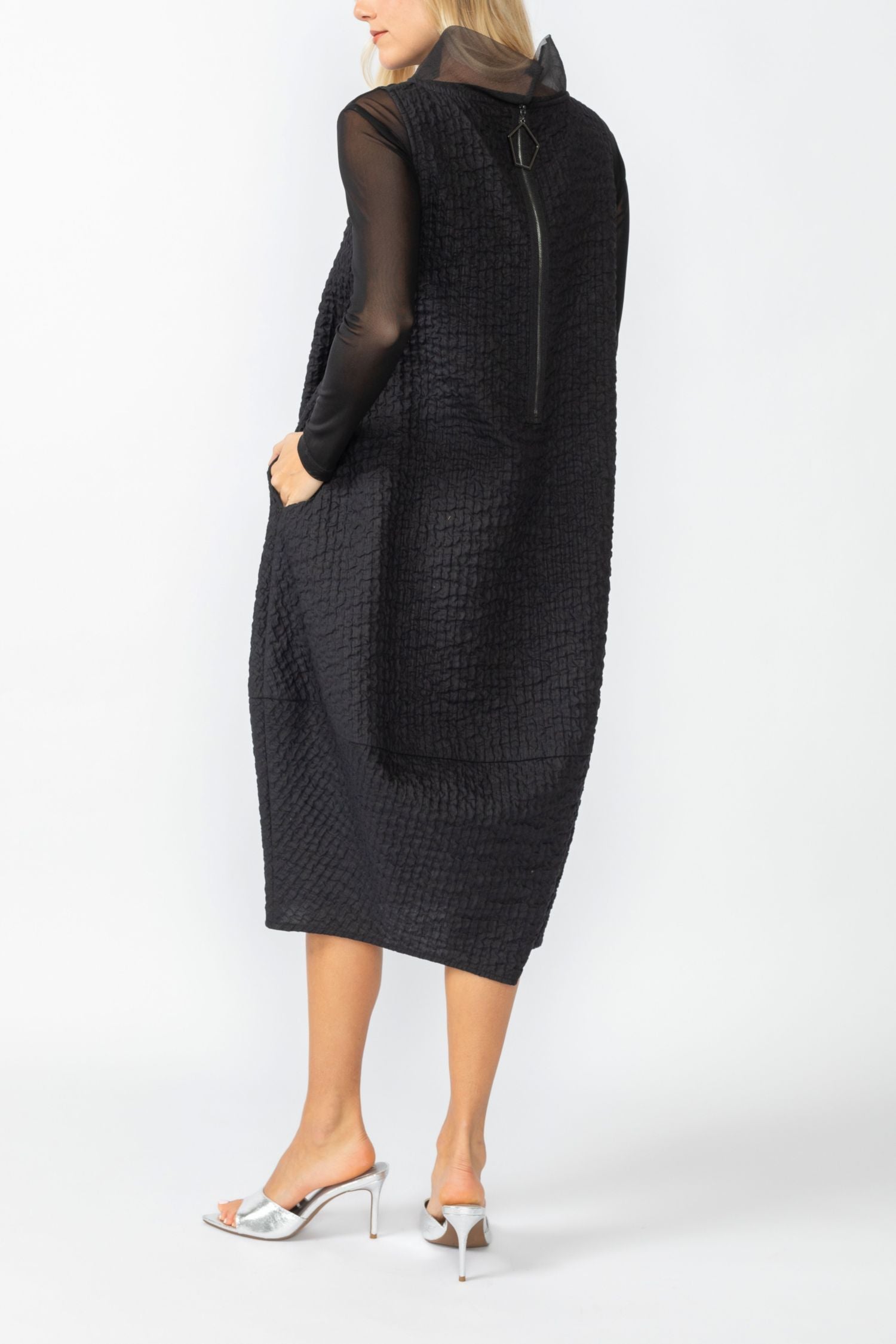 Black Organza Stand Collar Sleeveless Balloon Dress