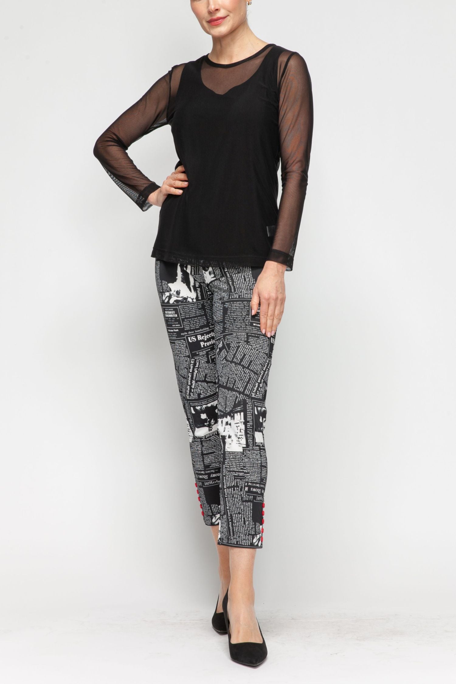 Black Button Hem Slim Crop Pants