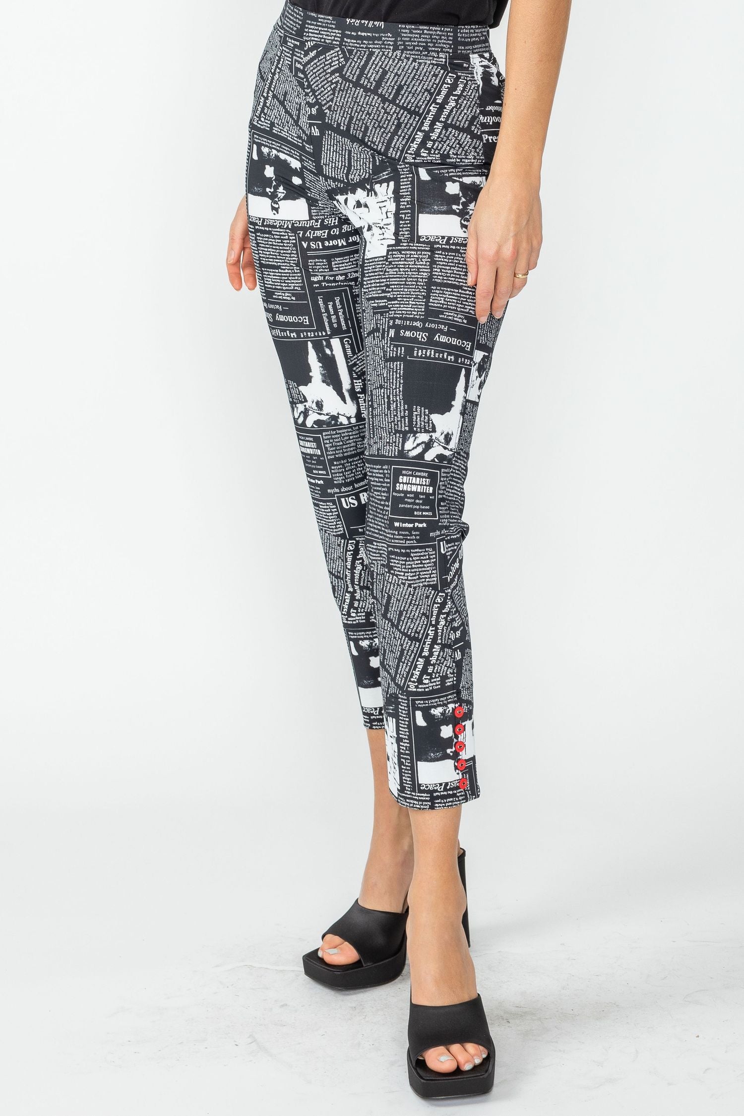 Black Button Hem Slim Crop Pants