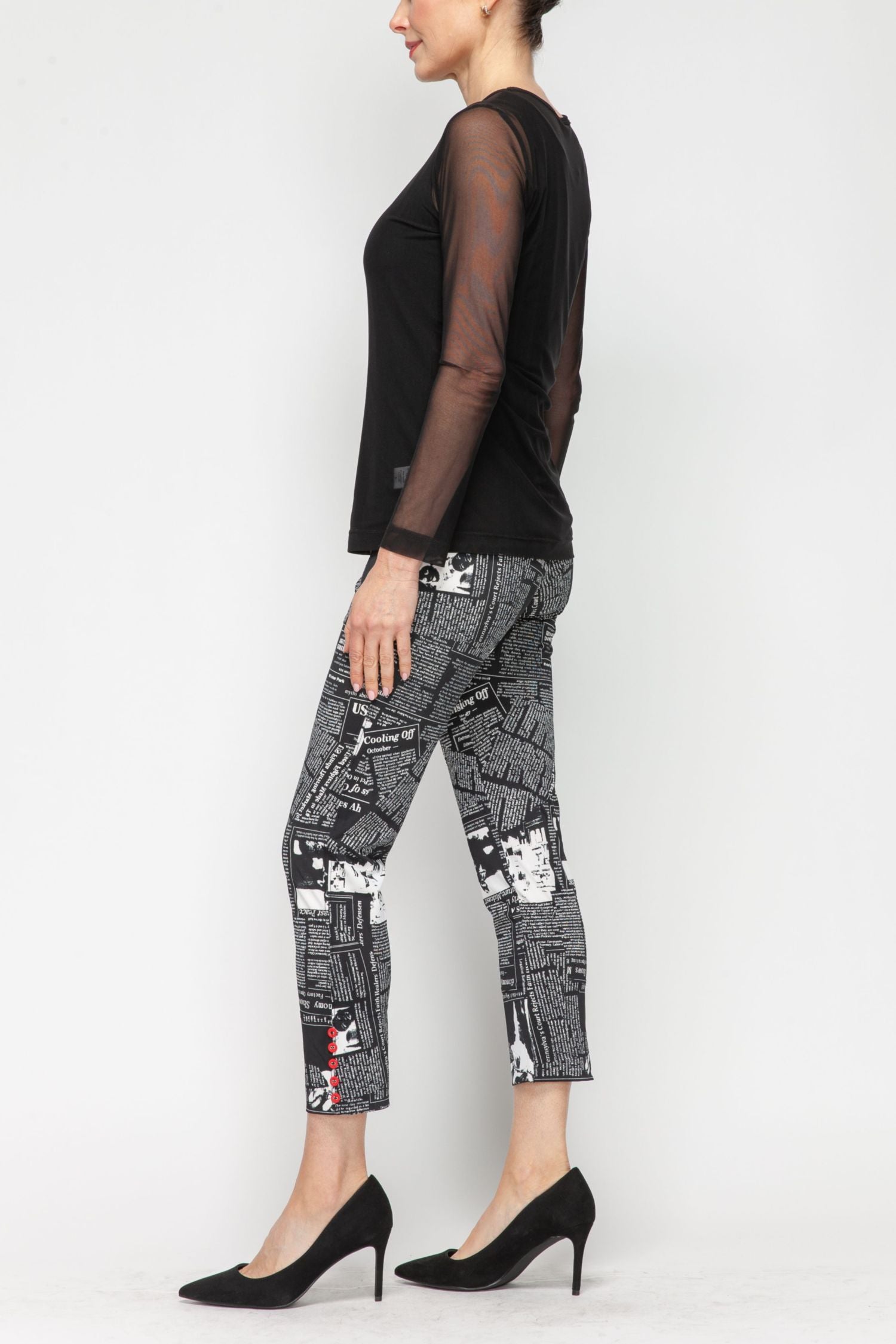 Black Button Hem Slim Crop Pants