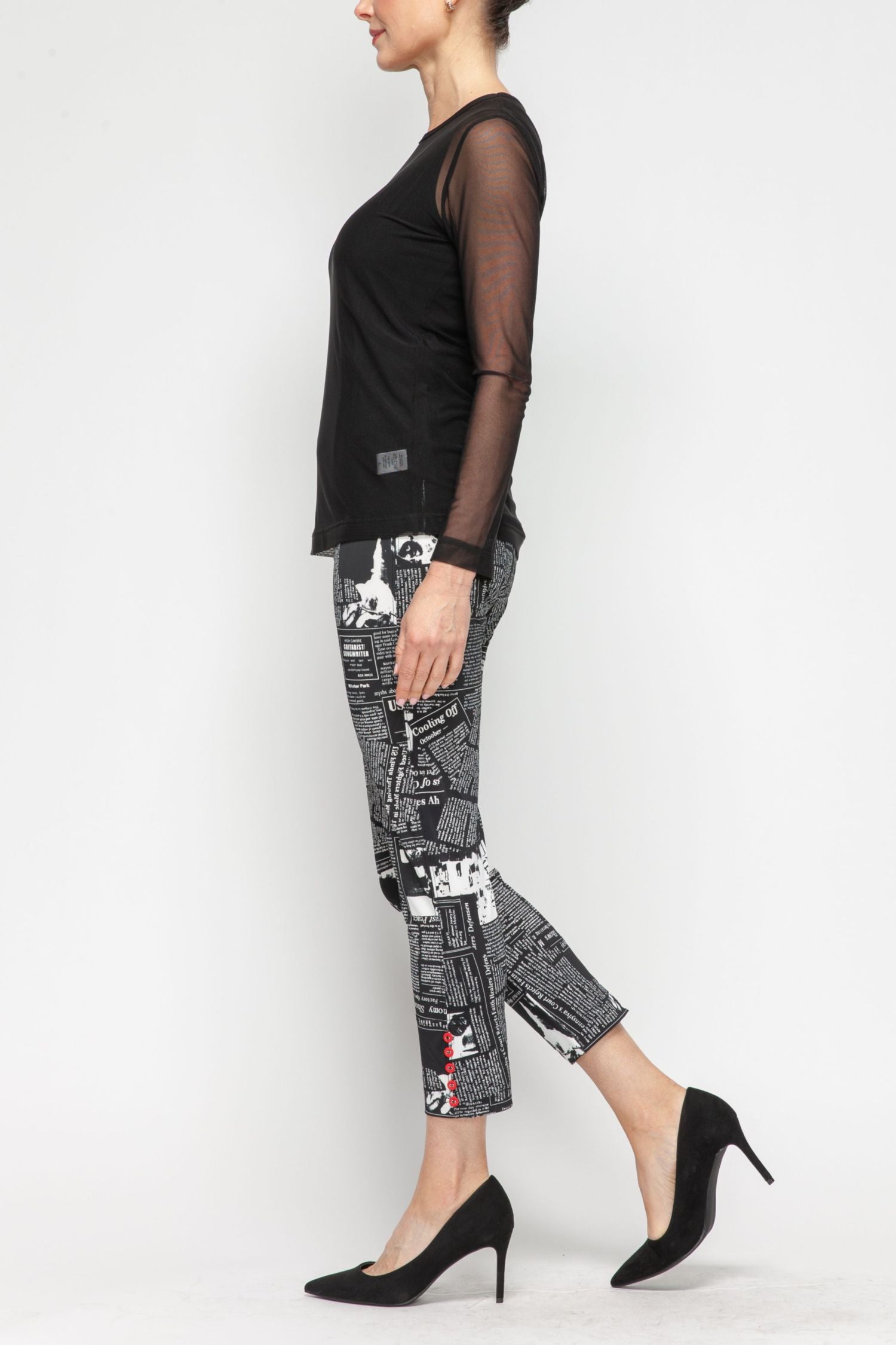 Black Button Hem Slim Crop Pants