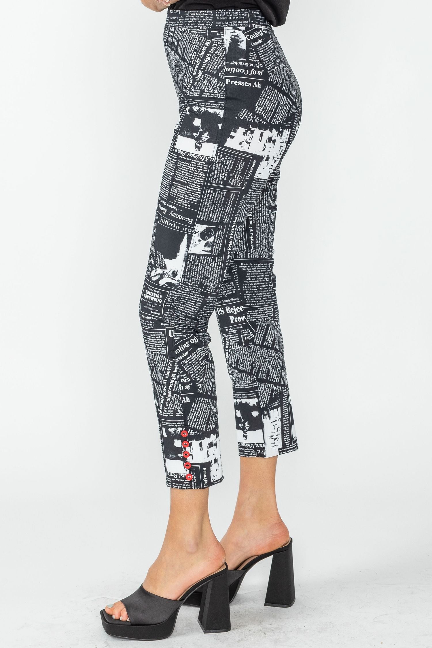 Black Button Hem Slim Crop Pants