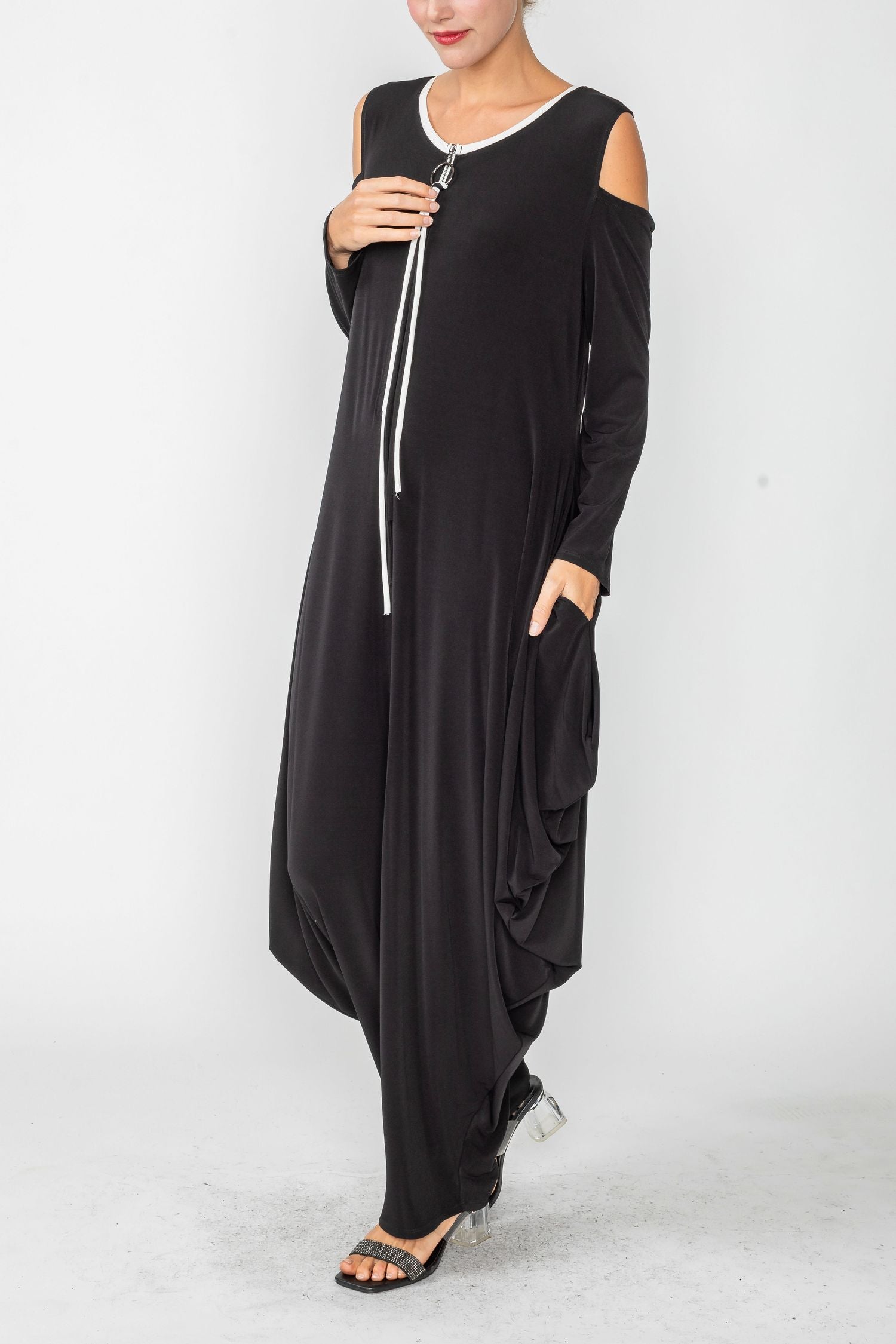 Black Cold Shoulder Sleeve Jumpsuits