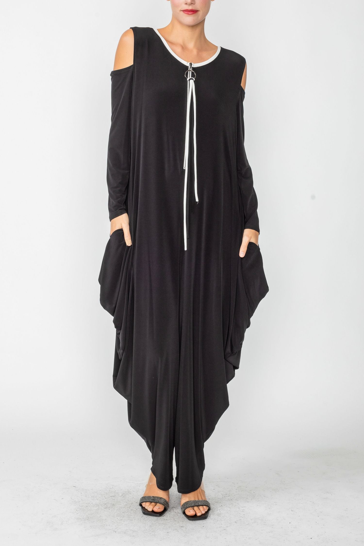 Black Cold Shoulder Sleeve Jumpsuits