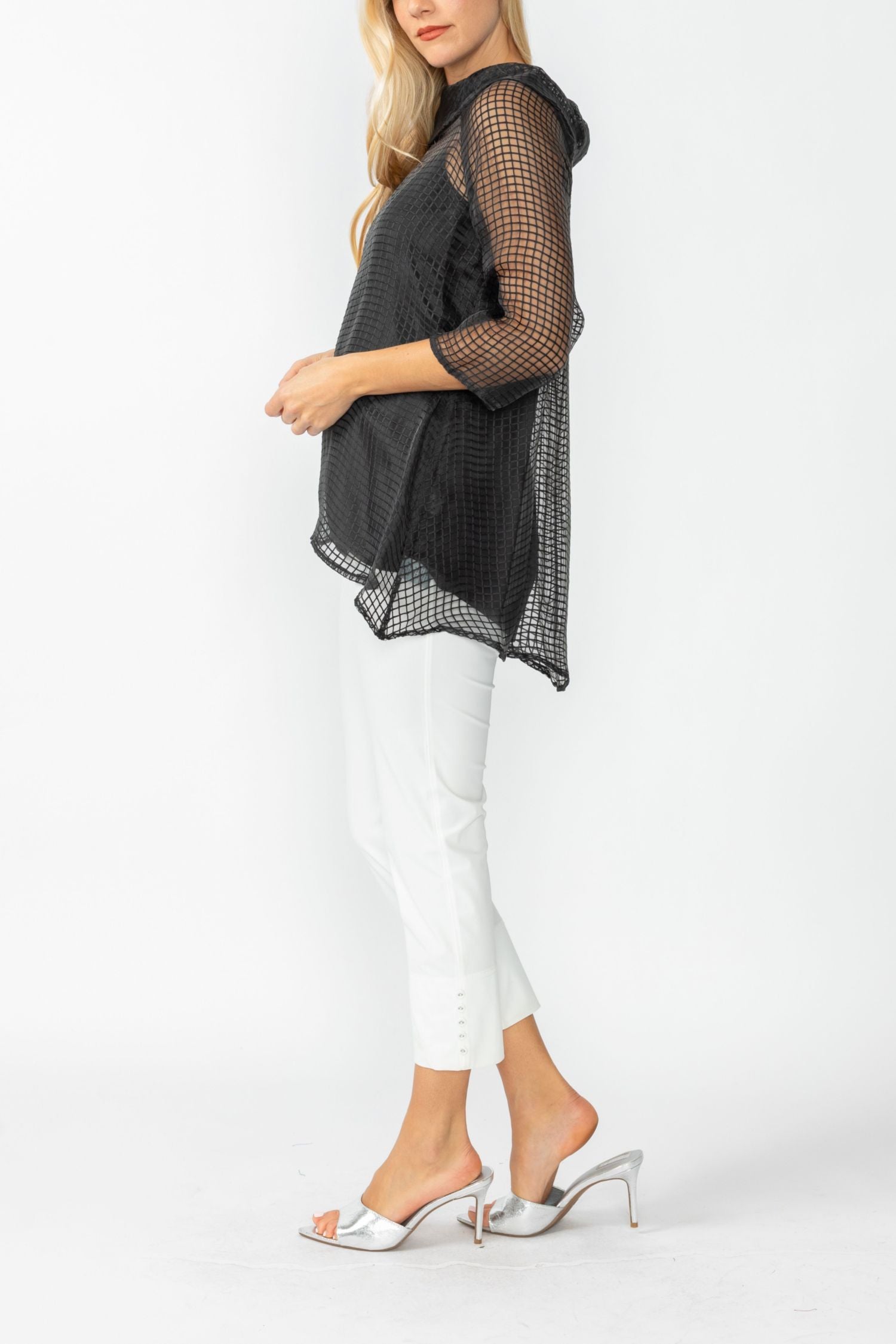 Black Cowl Neck 3/4 Sleeve See-Through Fabric Top