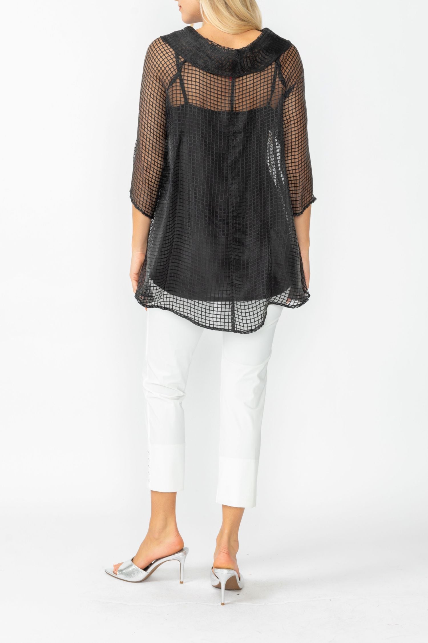 Black Cowl Neck 3/4 Sleeve See-Through Fabric Top