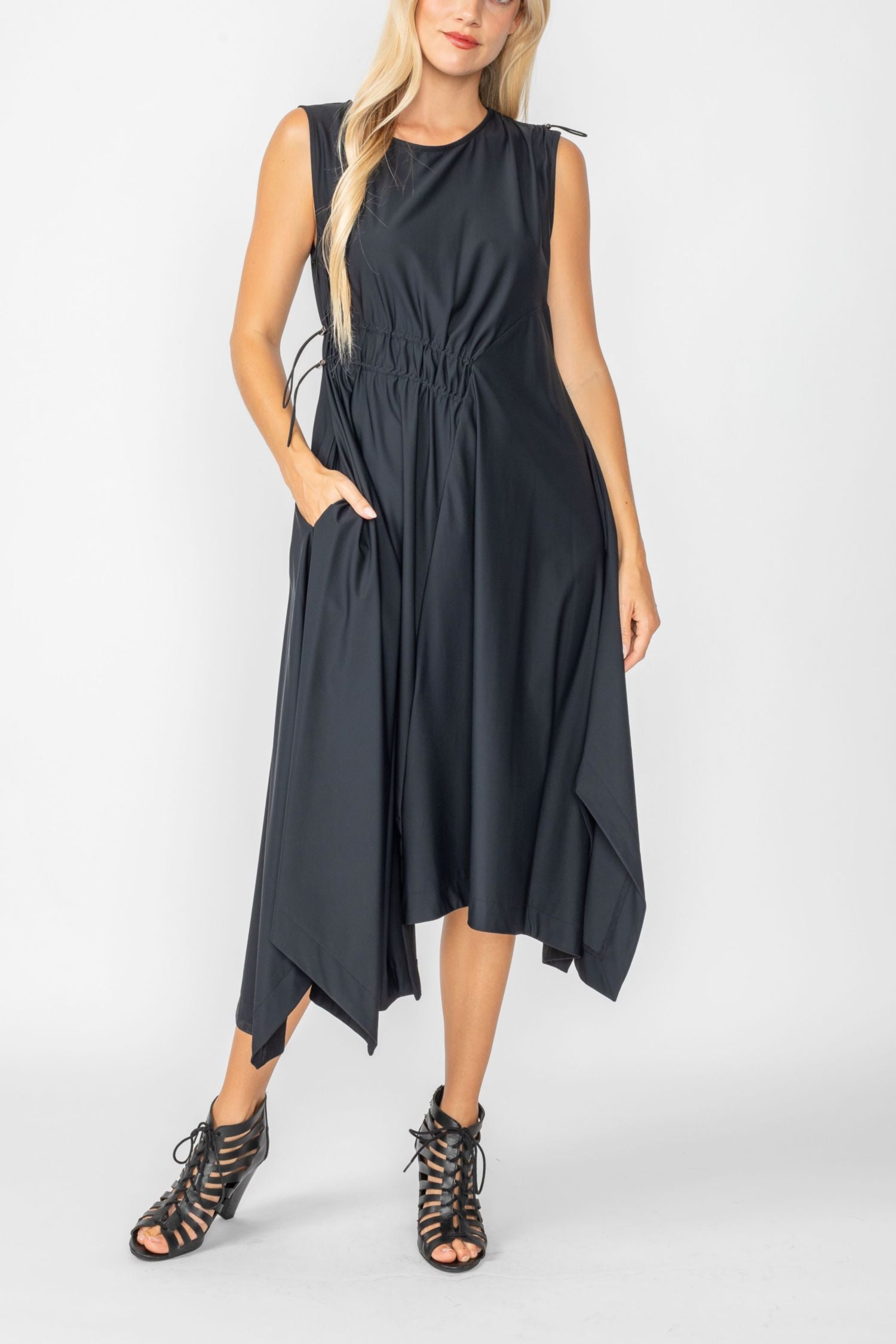 Black One Shoulder and Side Cord Drawstring Asymmetrical Dress