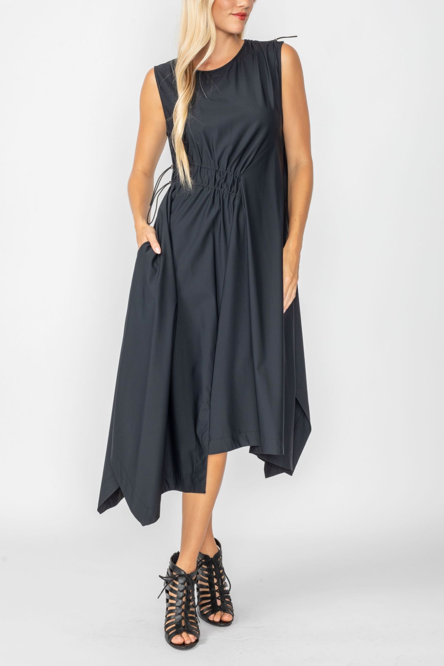 Black One Shoulder and Side Cord Drawstring Asymmetrical Dress
