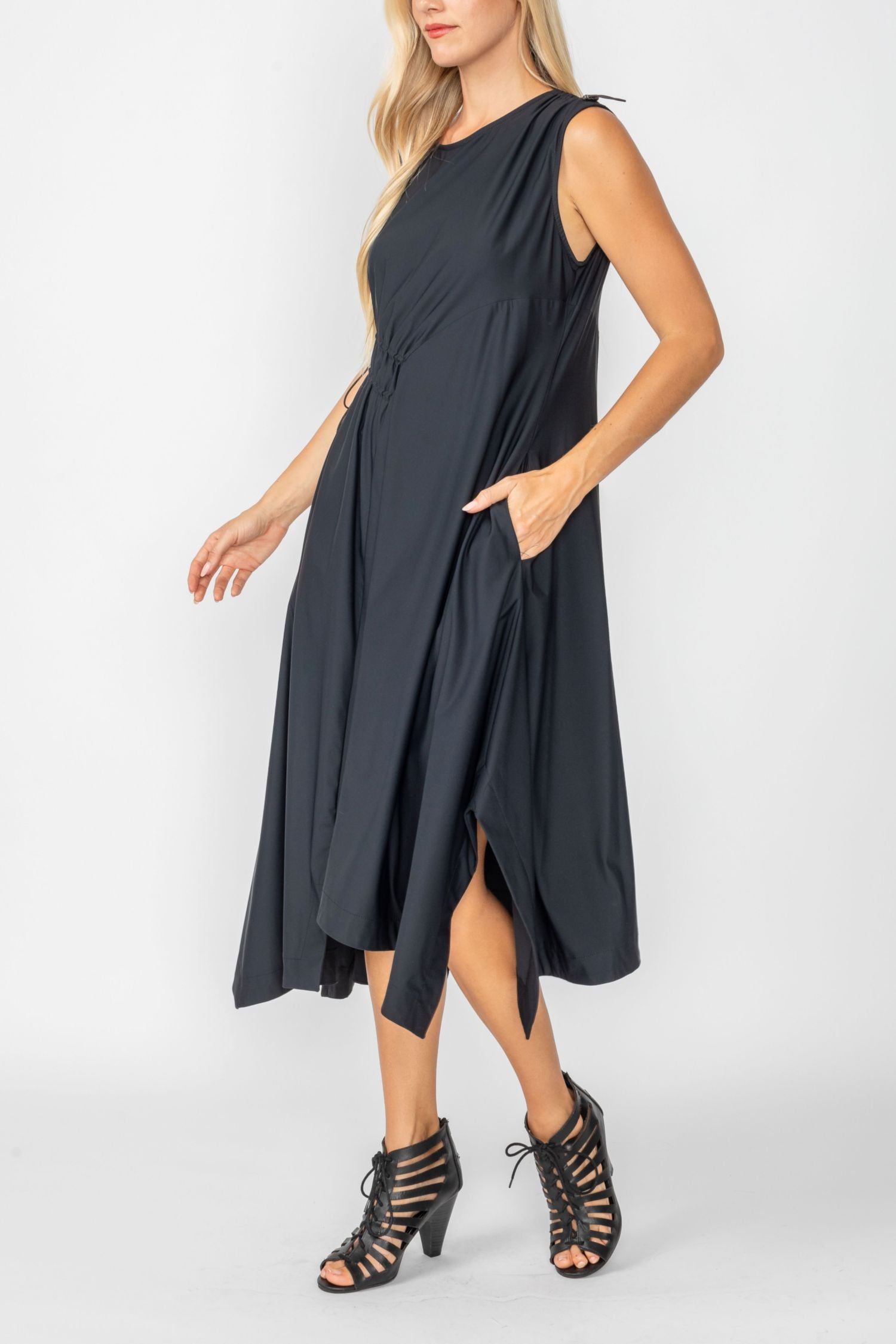 Black One Shoulder and Side Cord Drawstring Asymmetrical Dress