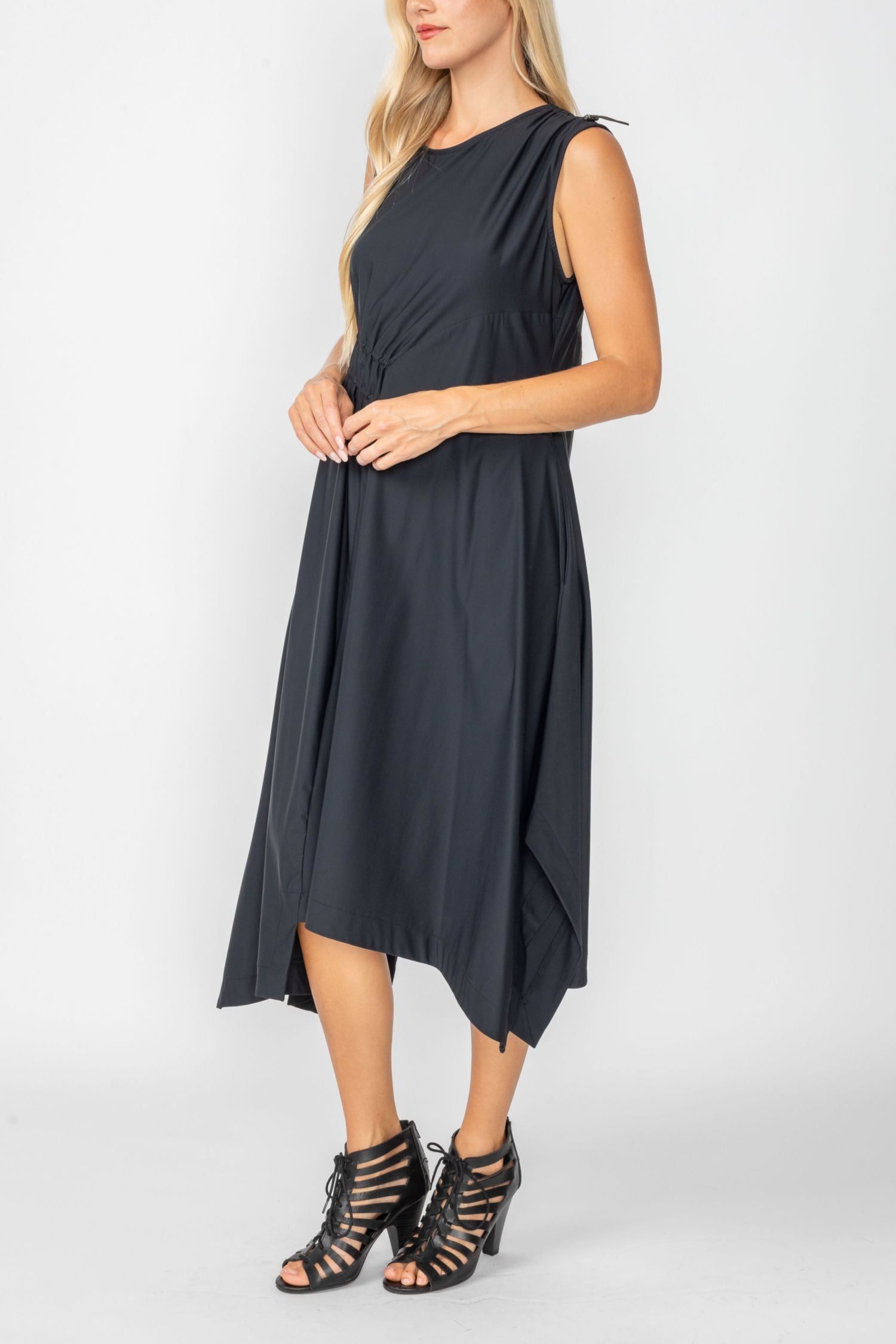 Black One Shoulder and Side Cord Drawstring Asymmetrical Dress
