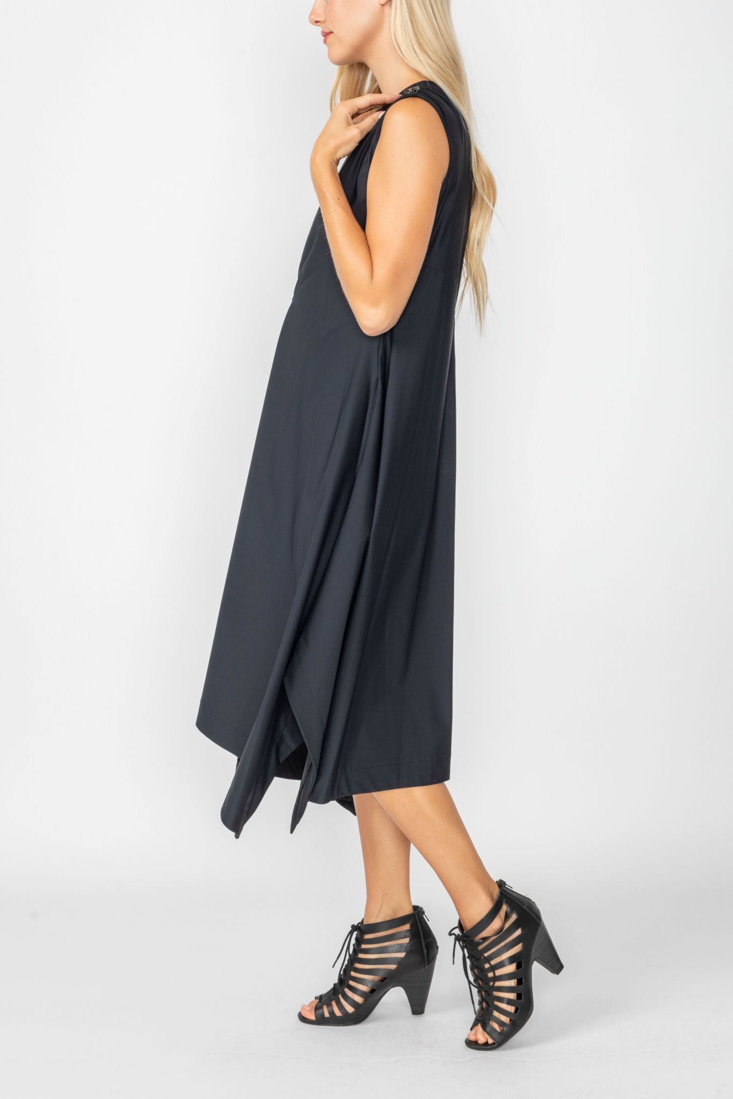 Black One Shoulder and Side Cord Drawstring Asymmetrical Dress
