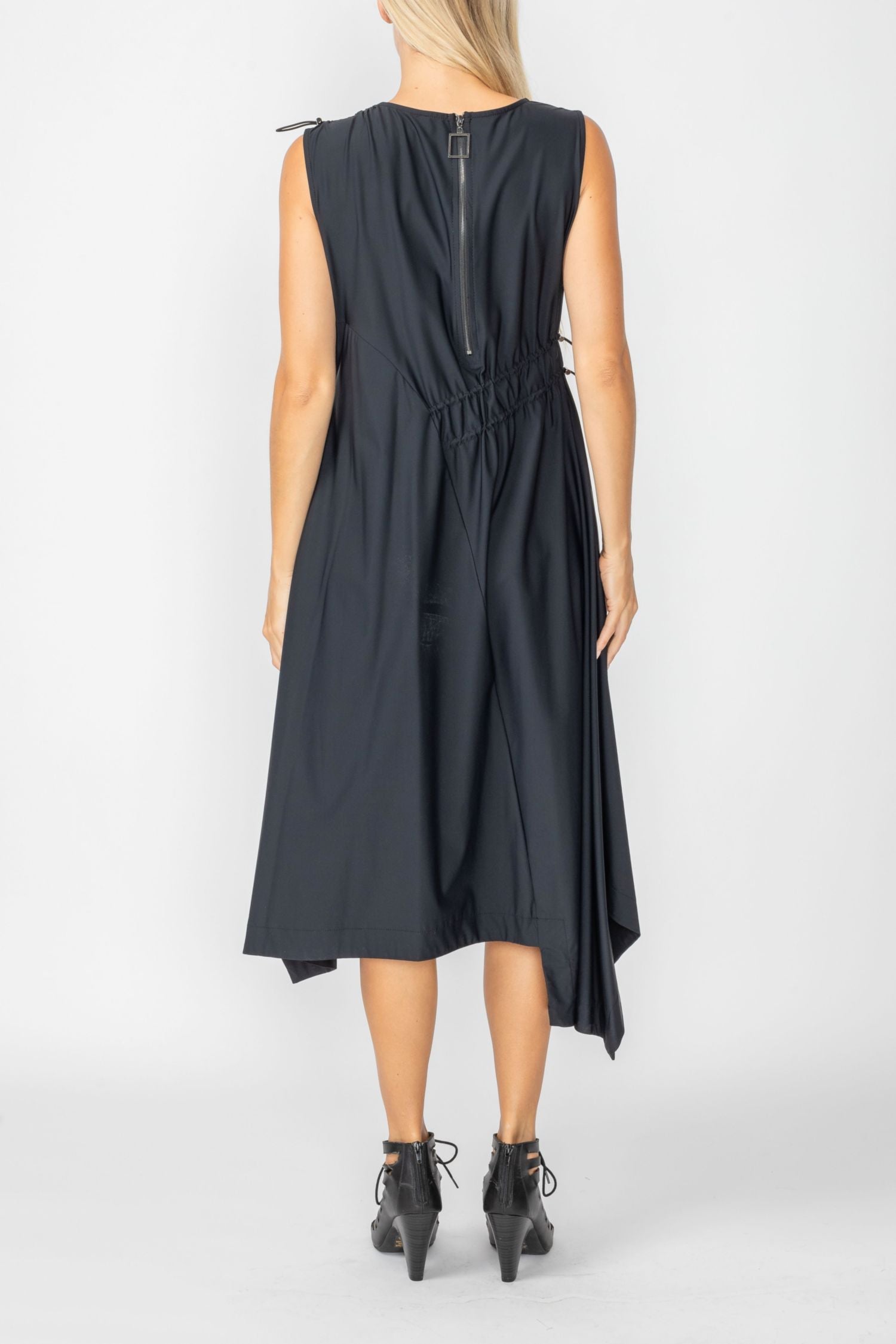 Black One Shoulder and Side Cord Drawstring Asymmetrical Dress