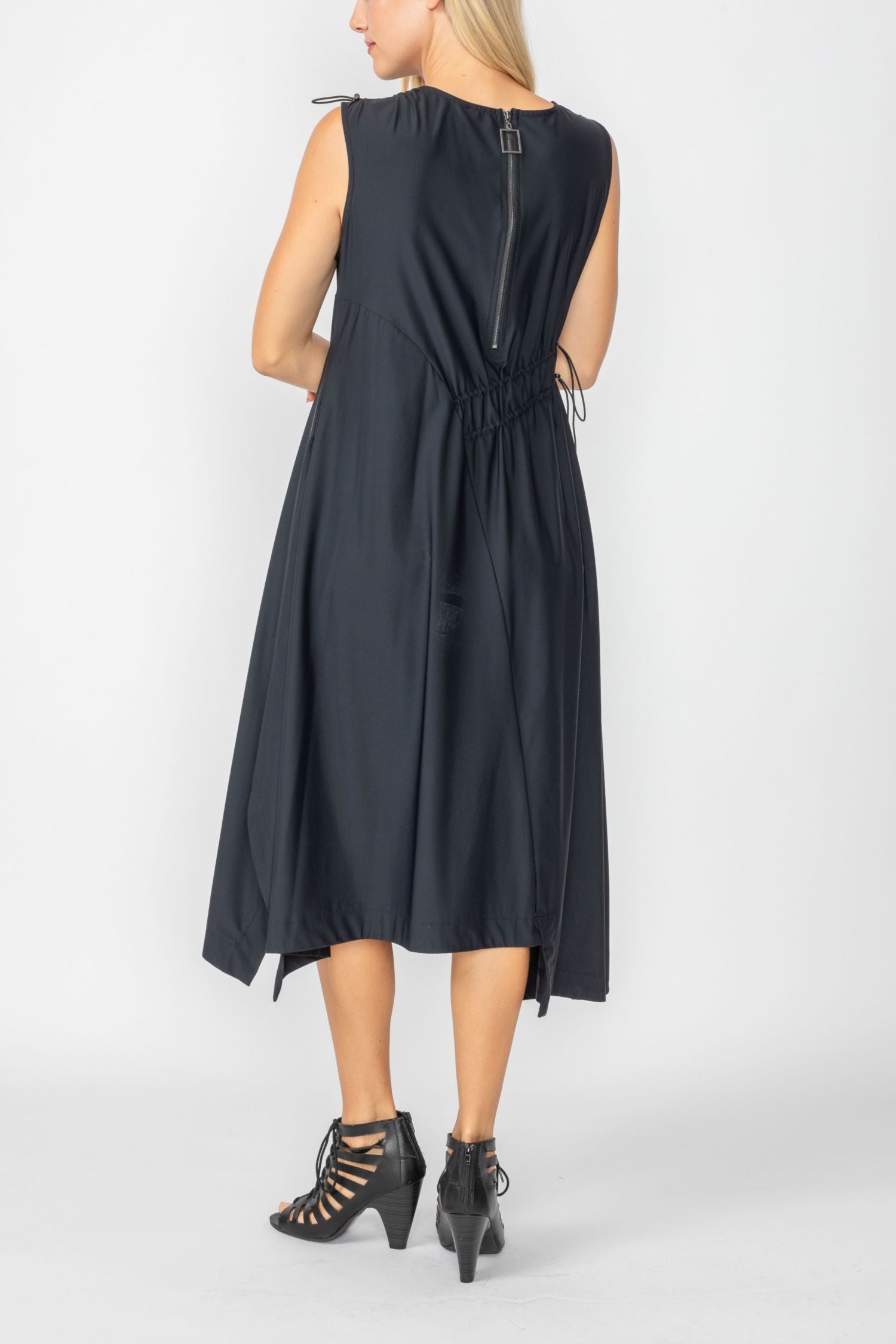 Black One Shoulder and Side Cord Drawstring Asymmetrical Dress