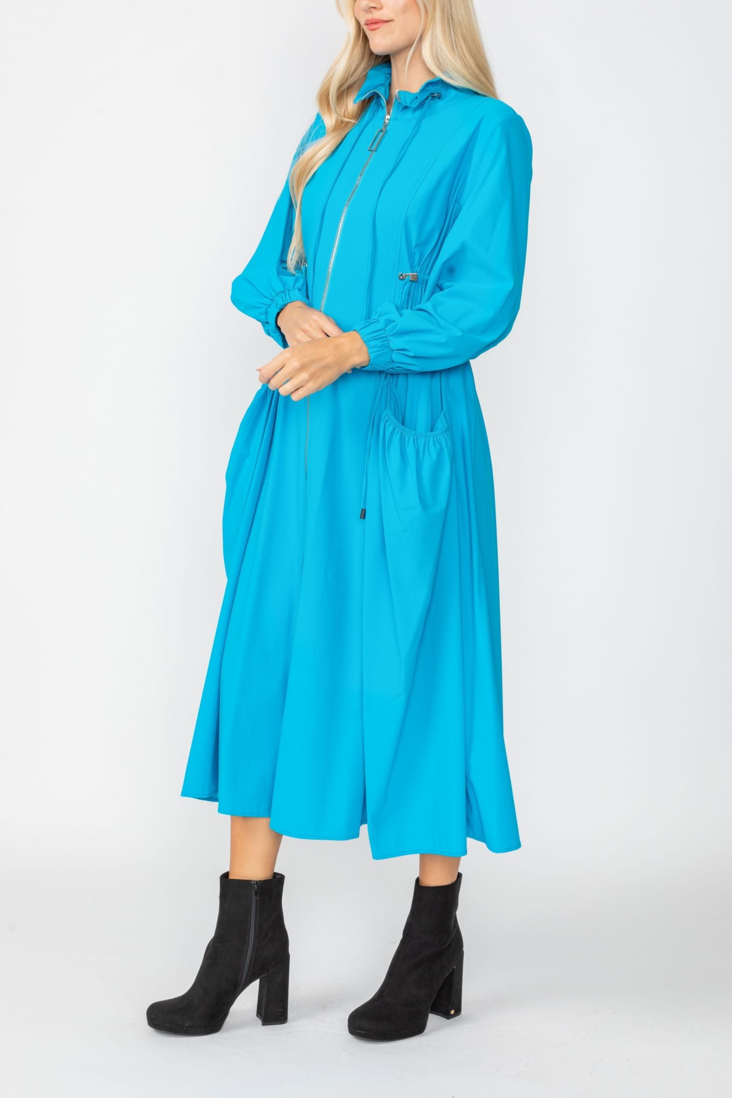 Turquoise Draw Stand Collar Side Drawed Shirring Long Jacket