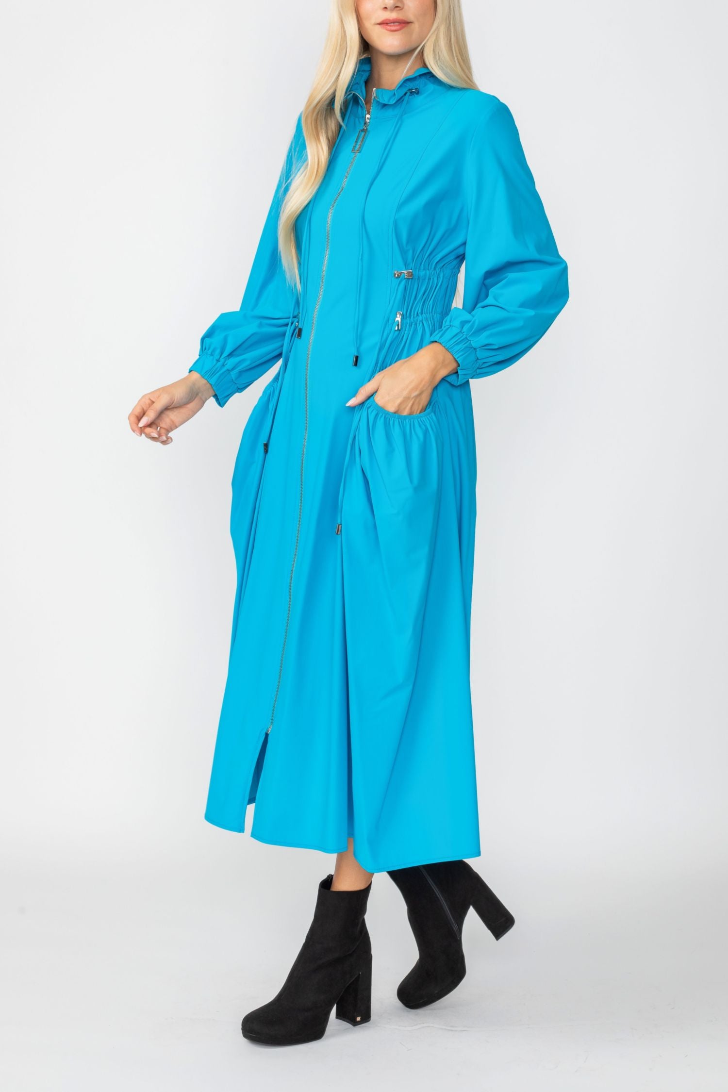 Turquoise Draw Stand Collar Side Drawed Shirring Long Jacket
