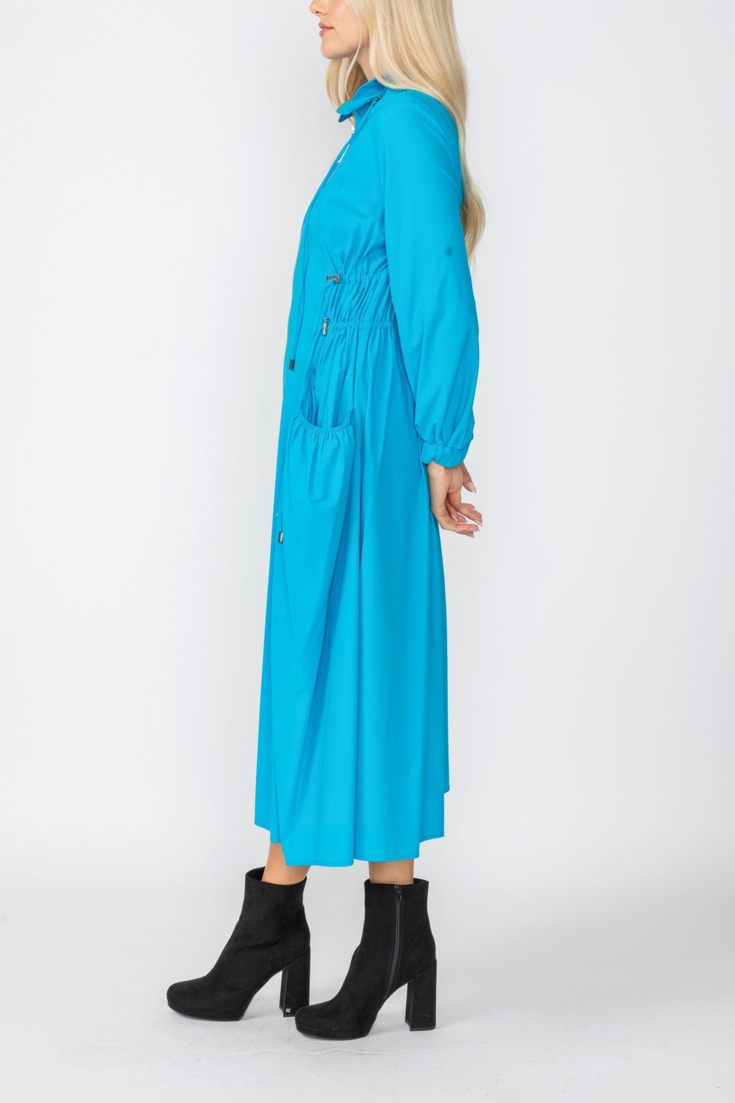 Turquoise Draw Stand Collar Side Drawed Shirring Long Jacket