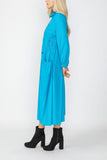 Turquoise Draw Stand Collar Side Drawed Shirring Long Jacket