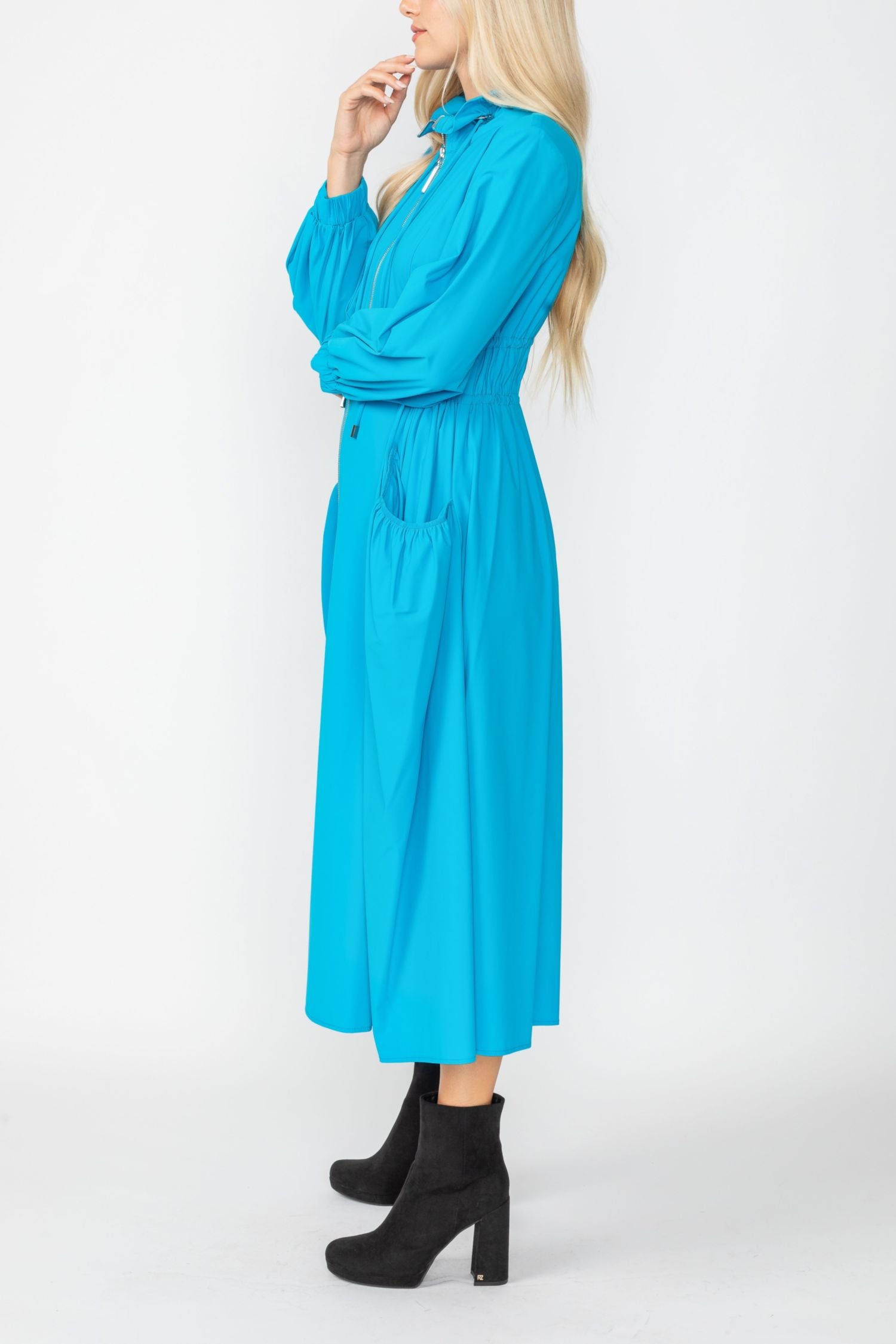 Turquoise Draw Stand Collar Side Drawed Shirring Long Jacket