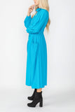 Turquoise Draw Stand Collar Side Drawed Shirring Long Jacket