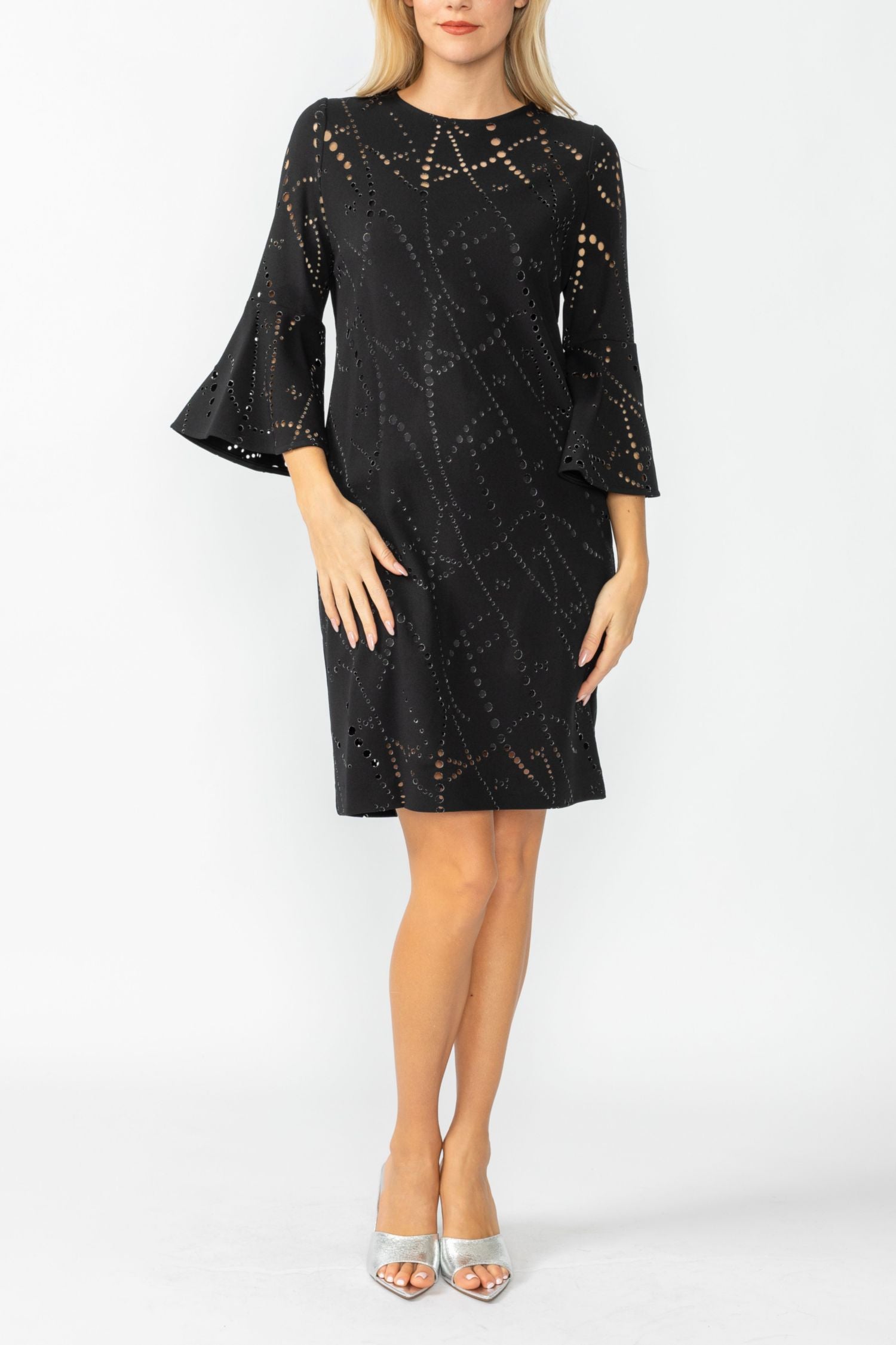 Black Perforated Bell Sleeve Dress