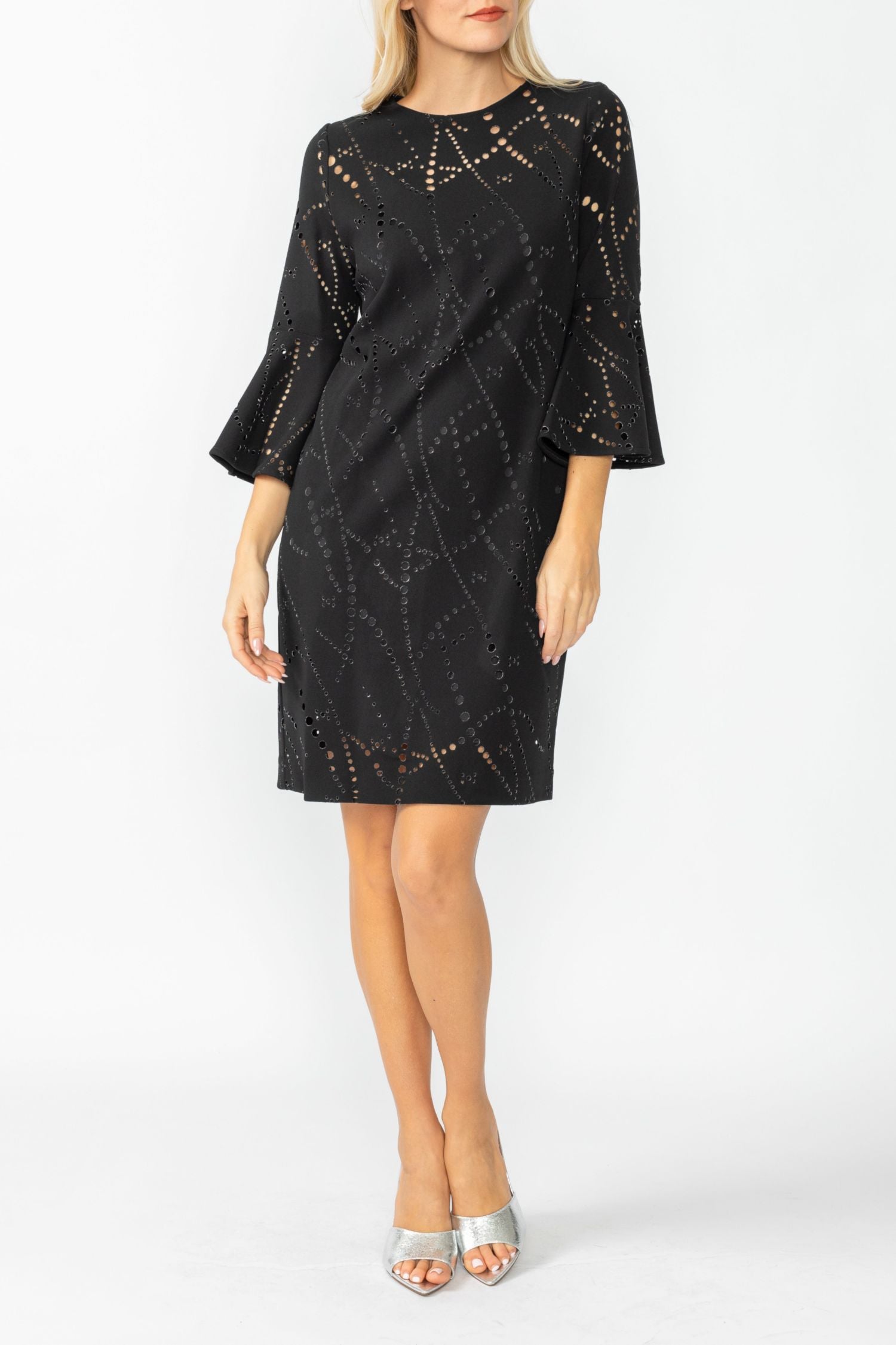 Black Perforated Bell Sleeve Dress