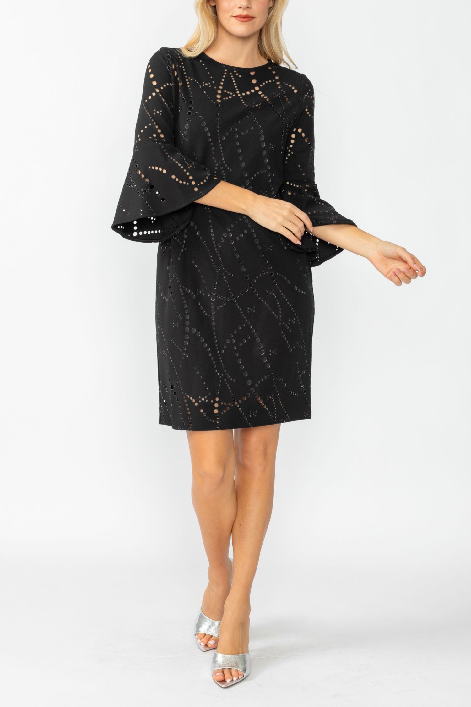 Black Perforated Bell Sleeve Dress